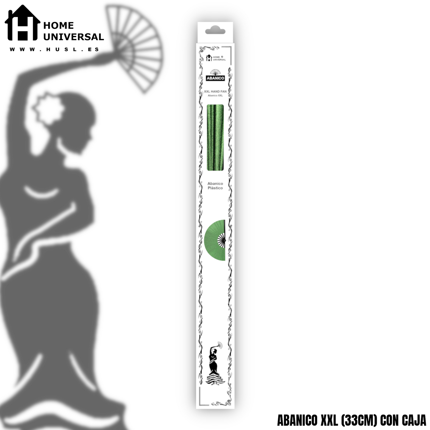 Home Universal® Abanico XXL 33 cm Grande de Plástico con Caja – Plegable, Ligero y Resistente – Efecto Fluorescente Brillante – Ideal para Verano, Fiesta, Discoteca, Pride y Eventos - Verde Claro (Purpurina)