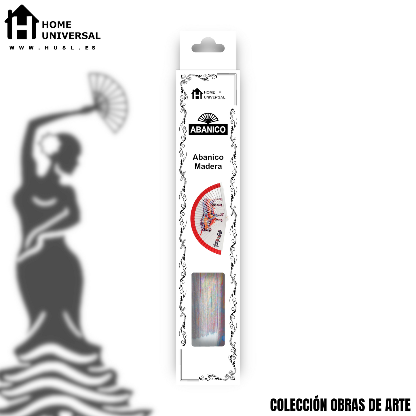 Home Universal®  Abanico 23CM DE Madera Lisa con Tela de Marfil, Abanico de Madera Adornado, Abanico Original - Toro Artístico España (Dibujo Artístico)