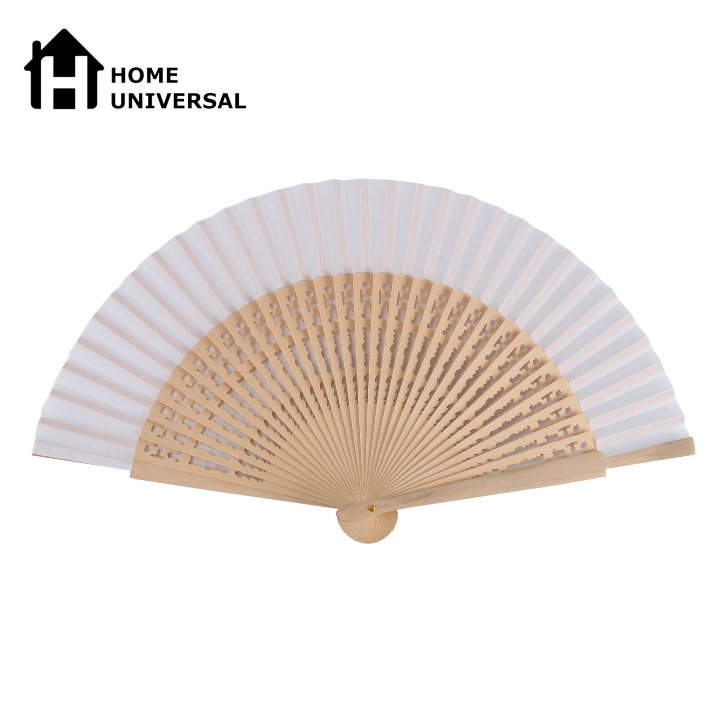 Home Universal ® Pack 12 Unidades Abanicos Madera con Tela Lisa 23cm, Detalles para los Invitados, Regalos de Boda, Fiestas, Comuniones y Otros Eventos (Blanco troquelado con caja)