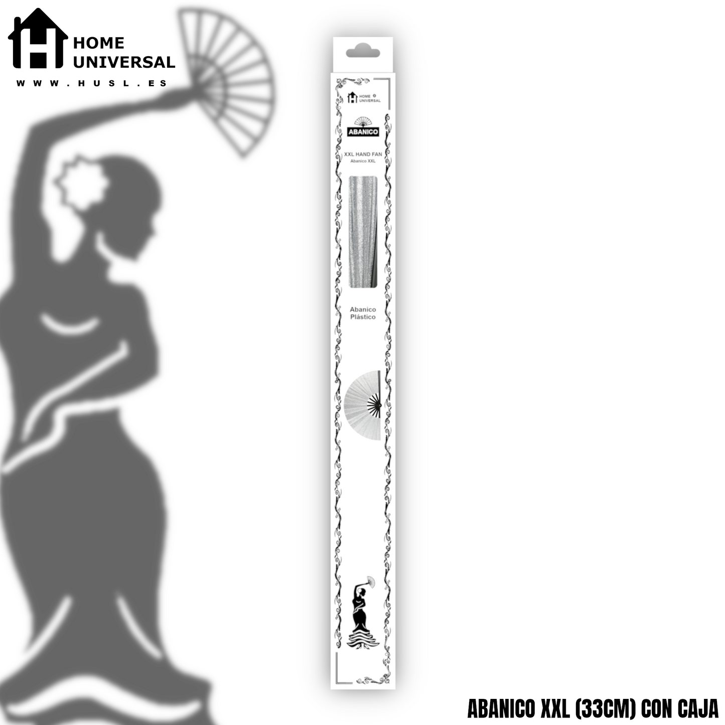 Home Universal® Abanico XXL 33 cm Grande de Plástico con Caja – Plegable, Ligero y Resistente – Efecto Fluorescente Brillante – Ideal para Verano, Fiesta, Discoteca, Pride y Eventos - Plateado (Purpurina)