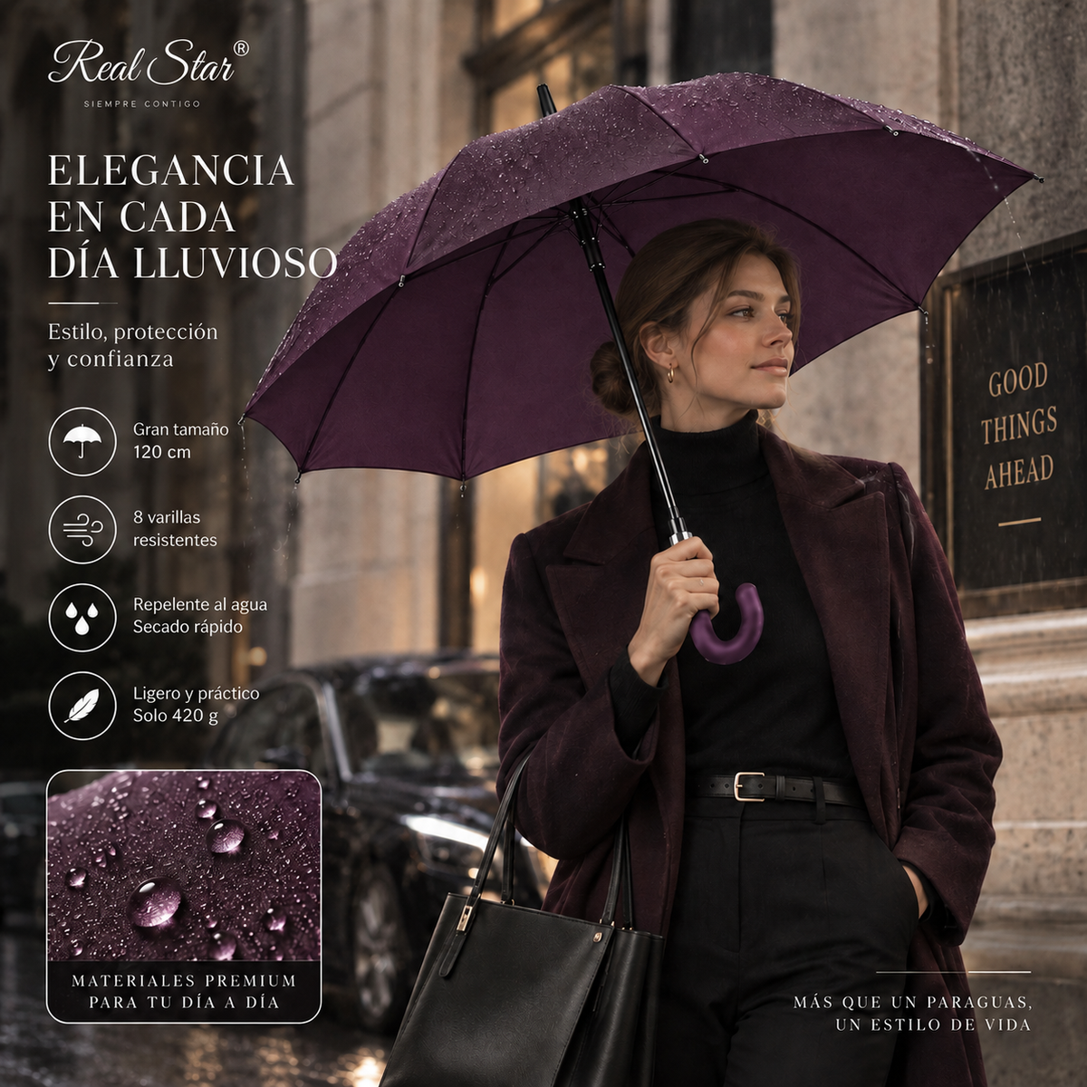 Home Universal® Paraguas Grande Semiautomático, Paraguas Largo Resistente al Viento con Mango Curvo para Mujer y Hombre (Morado (Liso))