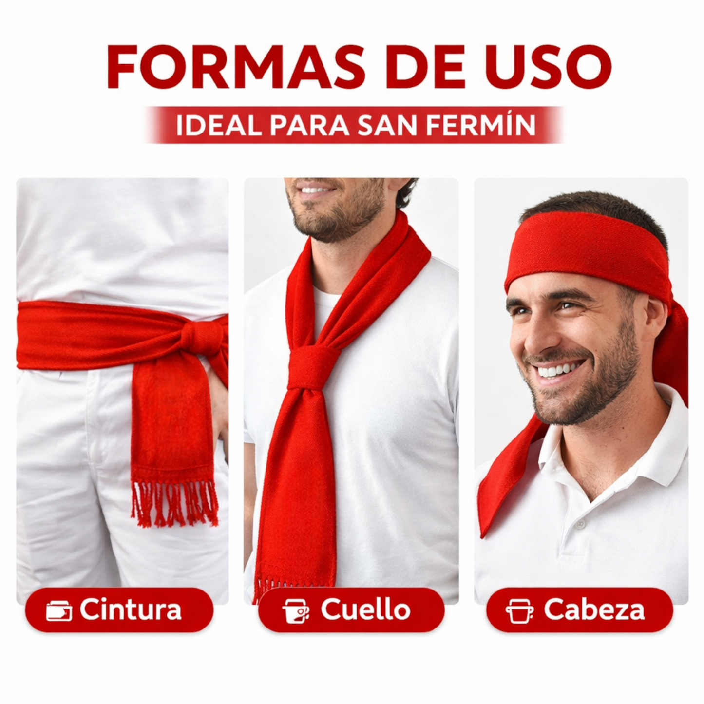 Home Universal® Fiestas Pamplona-Iruña (San Fermín) – Pack Set Accesorios con Pañuelos Rojos y Fajín Rojo Tradicional para Fiestas y Eventos, Estilo Oficial San Fermín (Fajín Rojo - Liso)