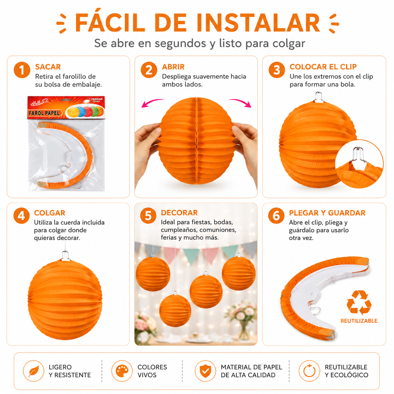 Home Universal® 12 Farolillos Japoneses de Papel, Decoración Colgante Multicolor para Cumpleaños, Bodas, Jardín y Celebraciones (Farolillo Redondo Naranja)