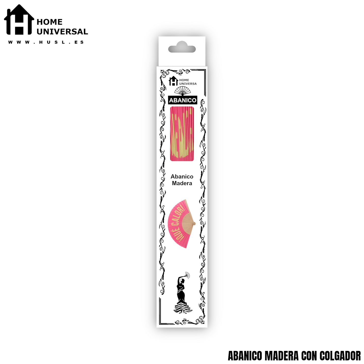 Home Universal® Abanico 23 cm con Cuerda para Cuello – Abanico Plegable de Madera Ligero y Portátil – Accesorio de Verano para Playa, Festivales, Bodas y Eventos – Diseño Divertido, Ideal para Viajes y Calor (¡QUÉ CALOR! (Rosa))