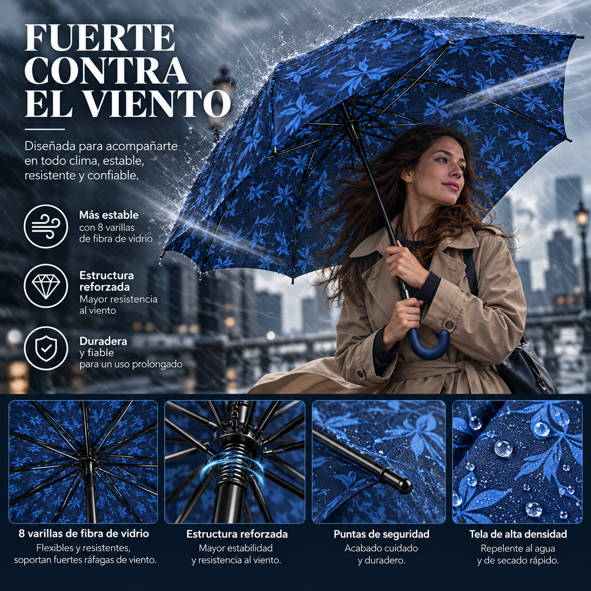 Home Universal® Paraguas Grande Semiautomático, Paraguas Largo Resistente al Viento con Mango Curvo para Mujer y Hombre (Azul Nocturno)