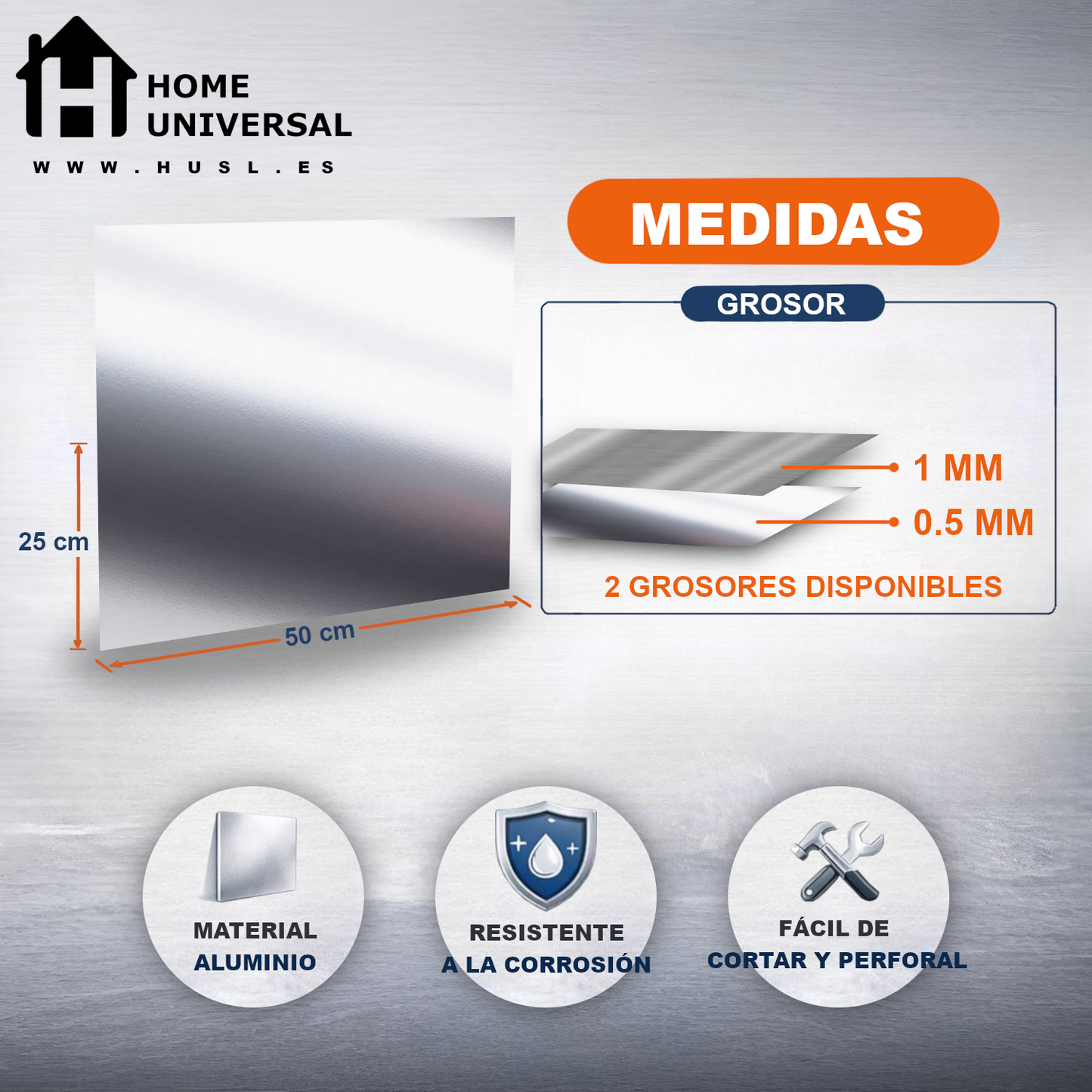 ome Universal® Chapa de Aluminio Estriada, Lisa, Malla y Perforada (Cuadrada, Ovalada, Redonda), Rugosa – Lámina Metálica Resistente Anticorrosión para Bricolaje e Industria (Superficie (Liso)) - Brillante (50X50CM - 0.5MM)