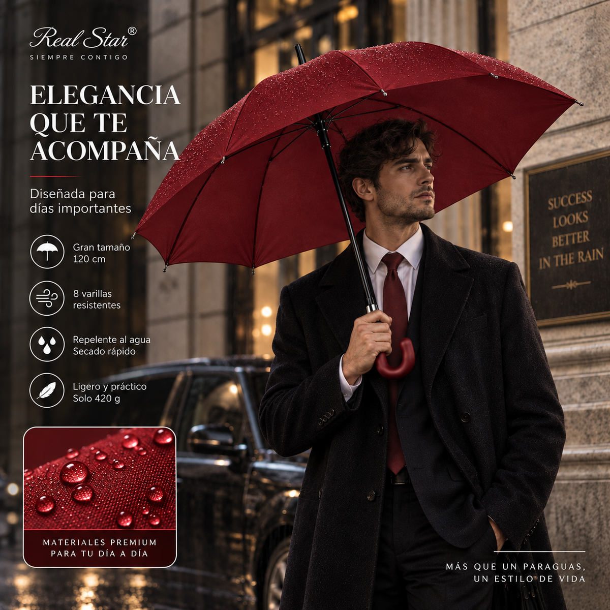 Home Universal® Paraguas Grande Semiautomático, Paraguas Largo Resistente al Viento con Mango Curvo para Mujer y Hombre (Rojo (Liso))