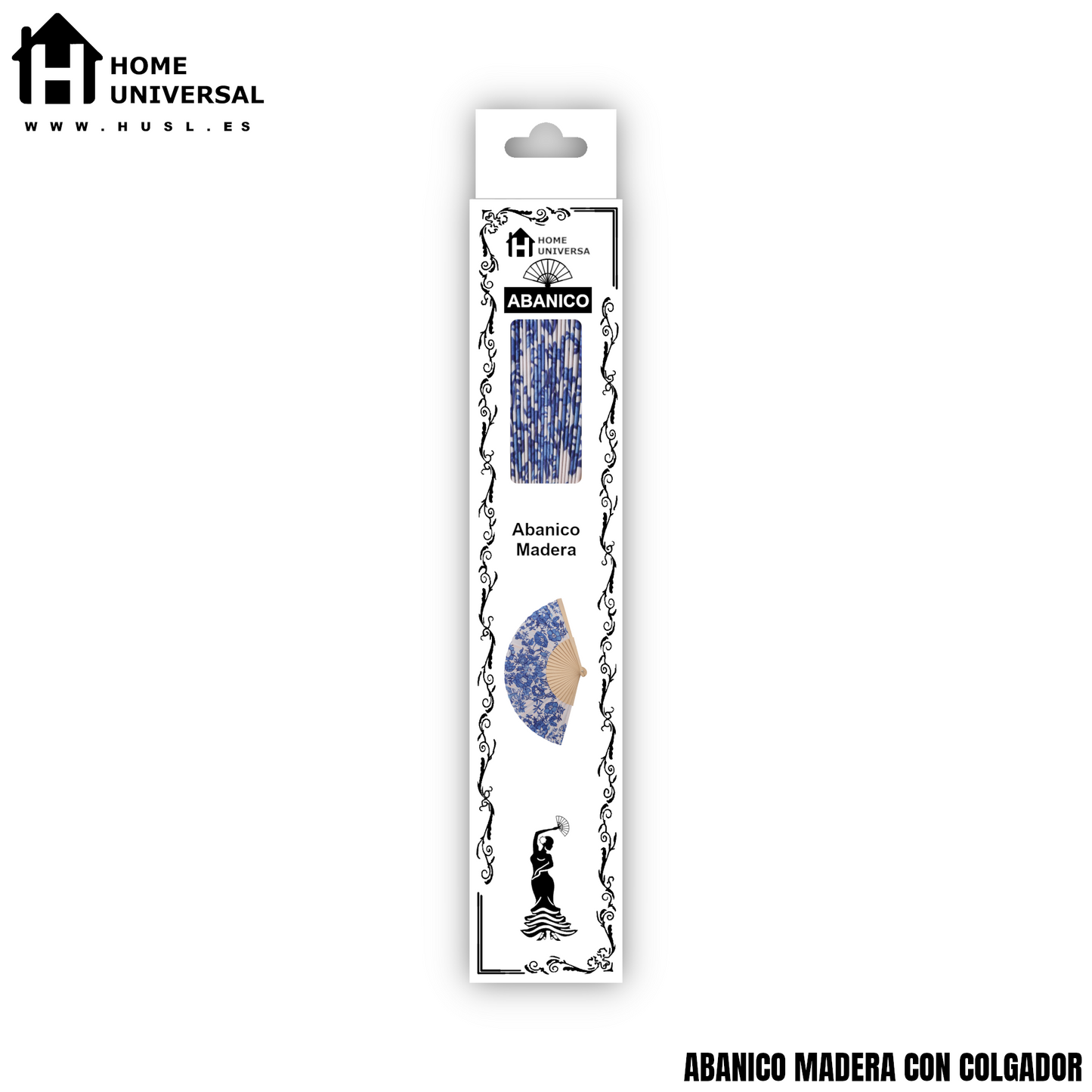 Home Universal® Abanico 23 cm con Cuerda para Cuello – Abanico Plegable de Madera Ligero y Portátil – Accesorio de Verano para Playa, Festivales, Bodas y Eventos – Diseño Divertido, Ideal para Viajes y Calor (Dibujo Flores Azul)
