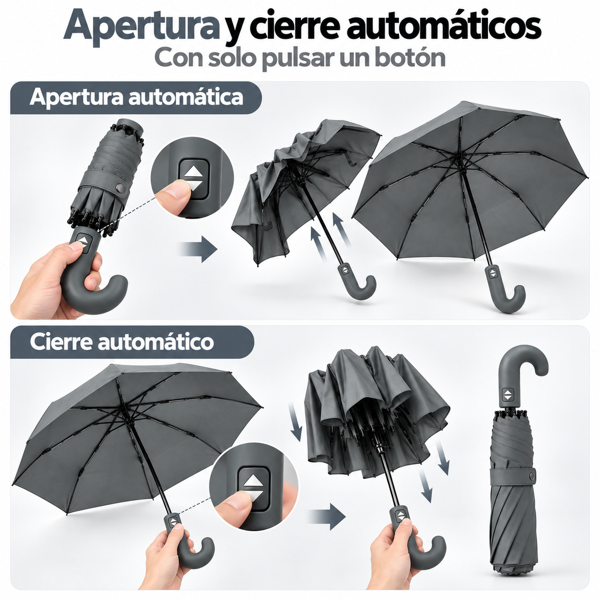 Home Universal® Paraguas Automático Plegable Grande, Compacto y Resistente, para Lluvia y Sol (Mango Curvo (Gris))