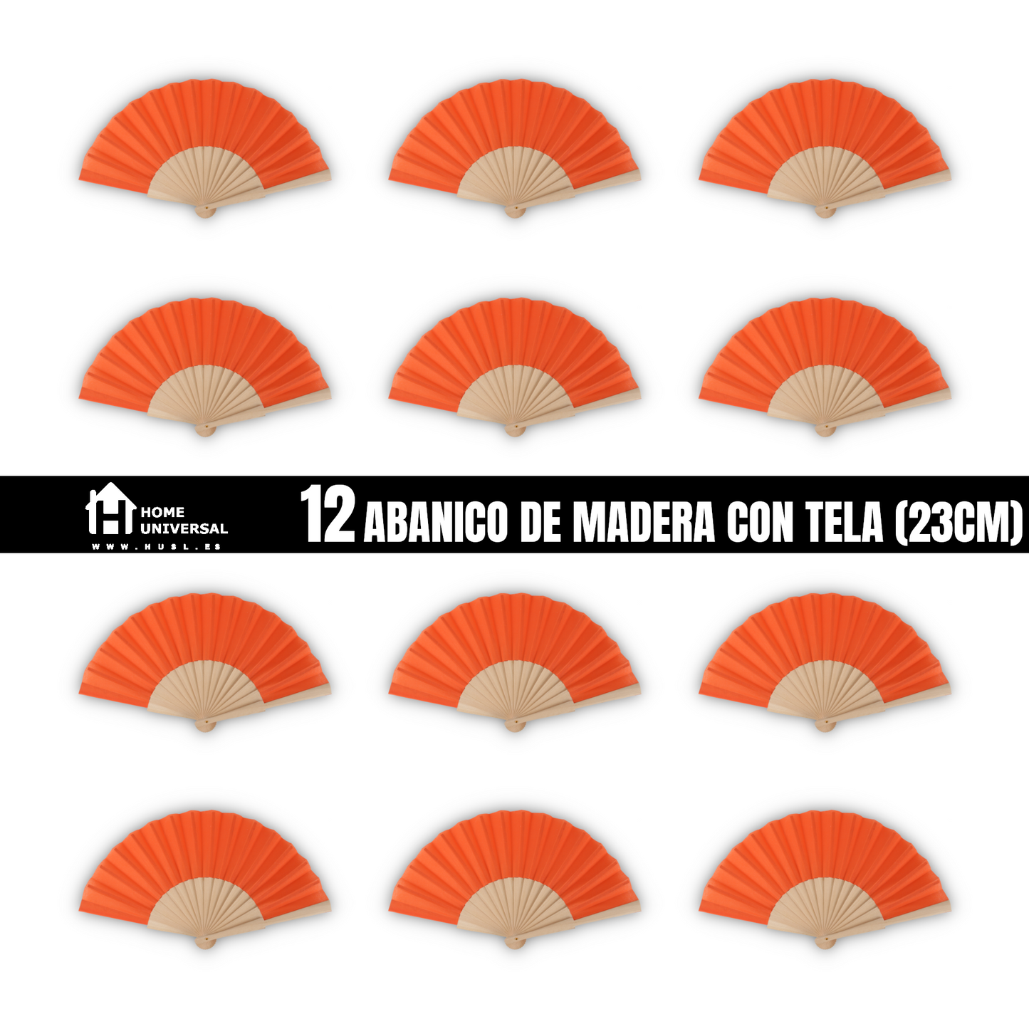 Home Universal ® Pack 12 Unidades Abanicos Madera con Tela Lisa 23cm, Detalles para los Invitados, Regalos de Boda, Fiestas, Comuniones y Otros Eventos - Naranja (12 Unidades)
