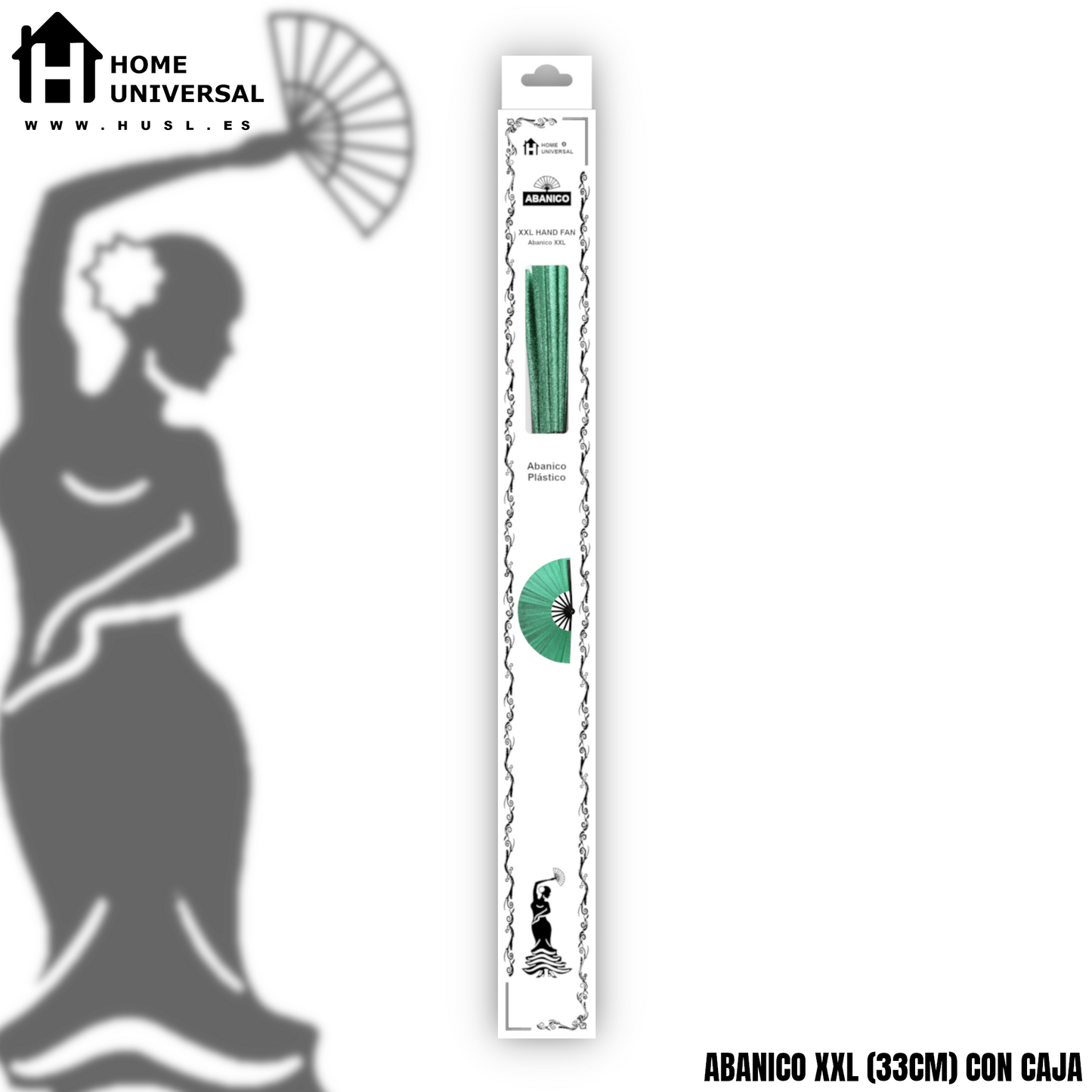 Home Universal® Abanico XXL 33 cm Grande de Plástico con Caja – Plegable, Ligero y Resistente – Efecto Fluorescente Brillante – Ideal para Verano, Fiesta, Discoteca, Pride y Eventos - Verde Oscuro (Purpurina)