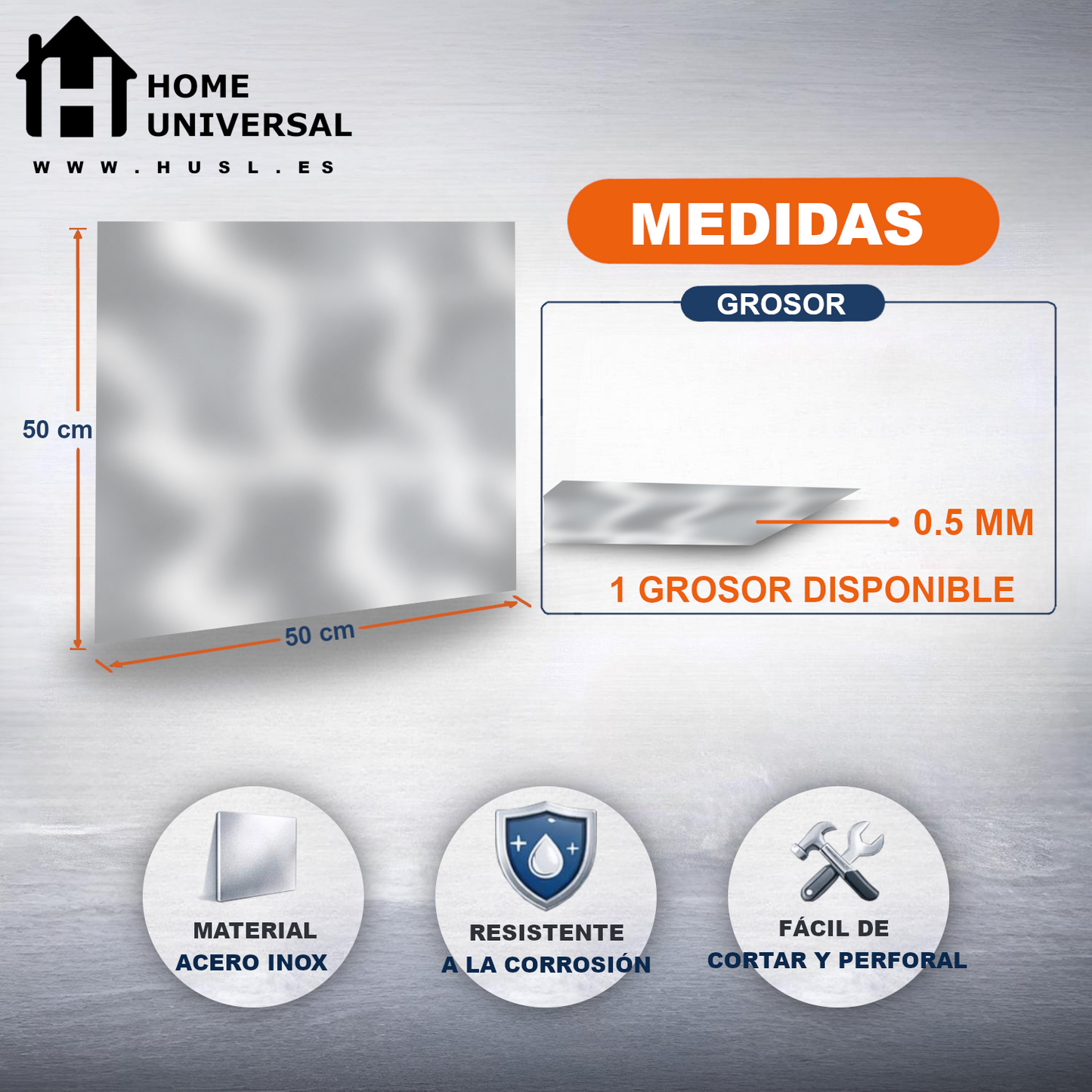 Home Universal® Chapa Acero inoxidable Superficie Liso, Estriada, Perforación Cuadrifolio – Lámina Metálica Resistente Anticorrosión para Bricolaje e Industria-Liso  (50X50CM - 0.5MM)