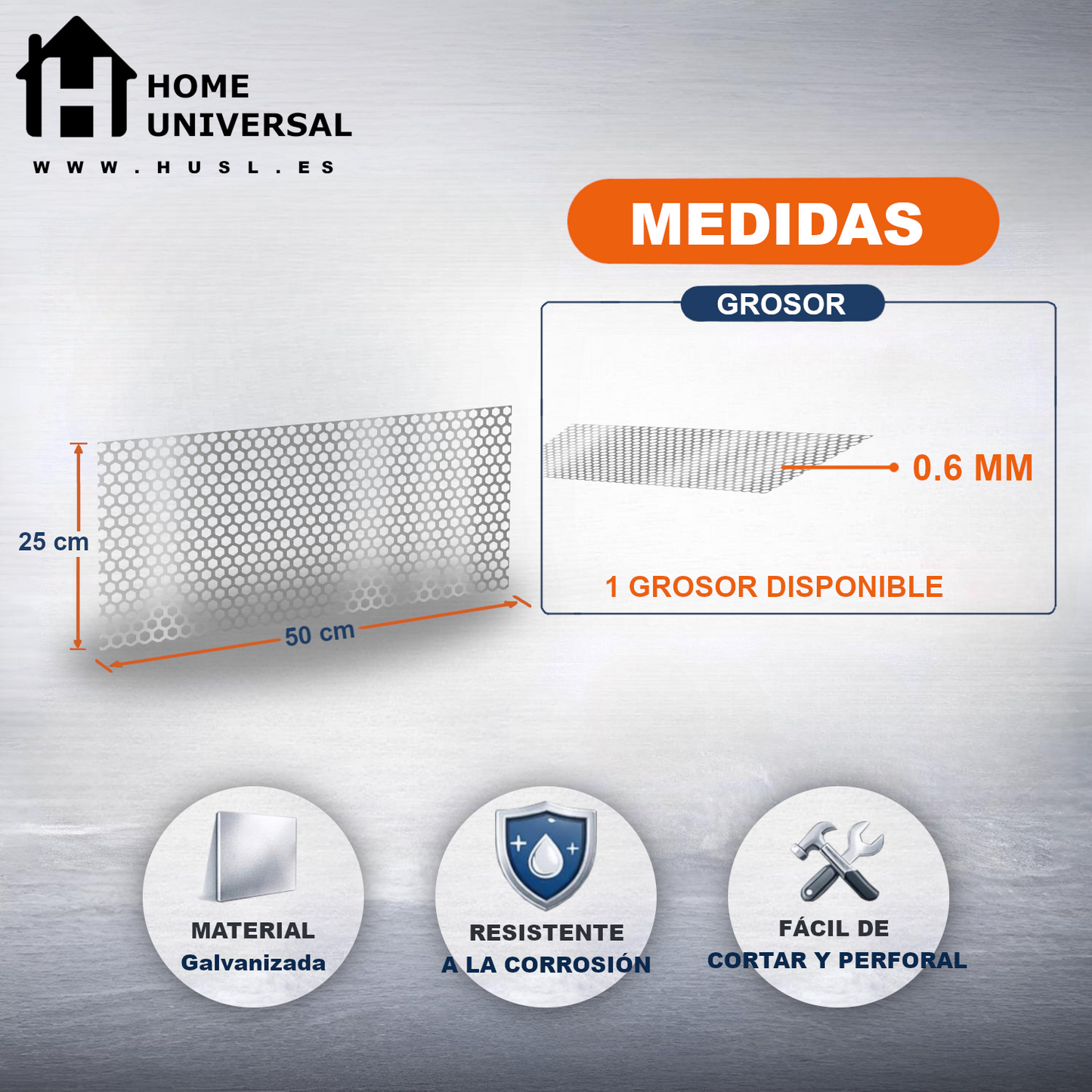 Home Universal® Chapa Galvanizada Lisa y Perforada, Lámina Metálica Resistente Anticorrosión para BricolajeSuperficie (Superficie Perforada Forma Hexagonal-10X10MM (25X50CM - 0.6MM))