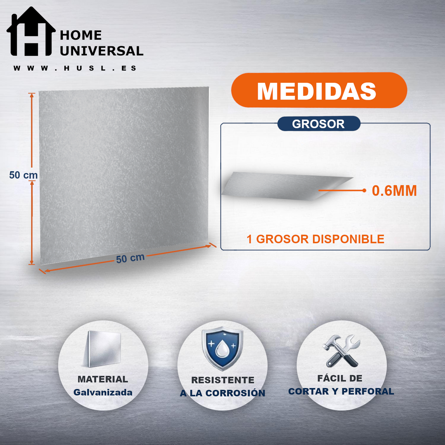 Home Universal® Chapa Galvanizada Lisa y Perforada, Lámina Metálica Resistente Anticorrosión para BricolajeSuperficie (Superficie (Liso)Estandar (50X50CM - 0.6MM))