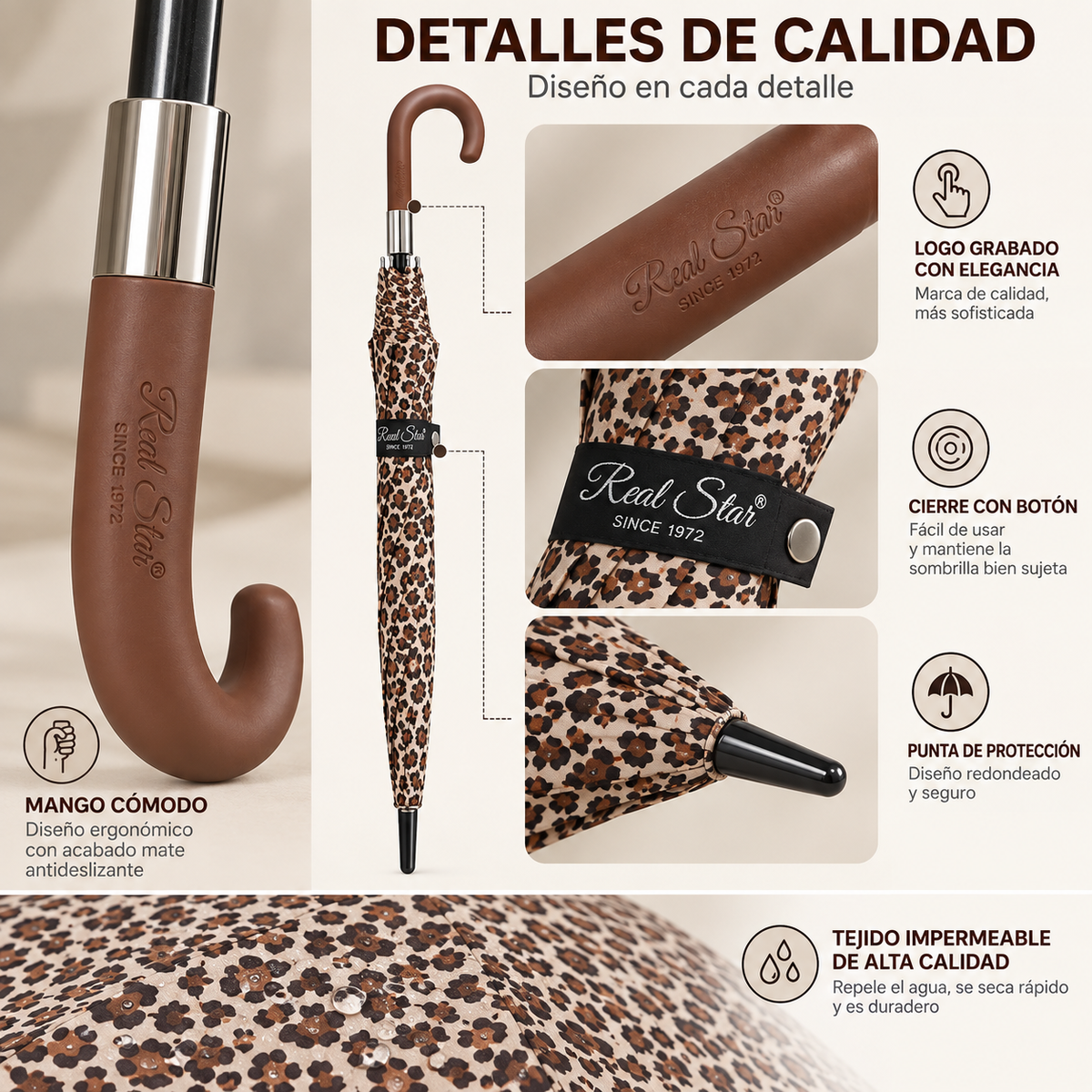 Home Universal® Paraguas Grande Semiautomático, Paraguas Largo Resistente al Viento con Mango Curvo para Mujer y Hombre (Leopardo Marrón)