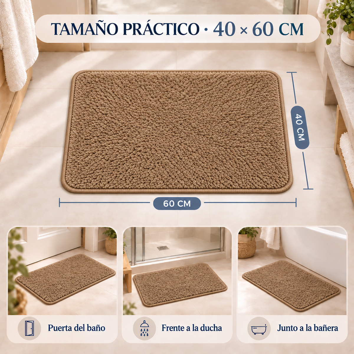 Home Universal® 2 Alfombras de Baño Absorbentes y Antideslizantes, Alfombrillas Suaves con Base de Goma, Lavables a Máquina, para Ducha, Bañera y Lavabo (Taupe, 40 x 60 cm (Rectangular))