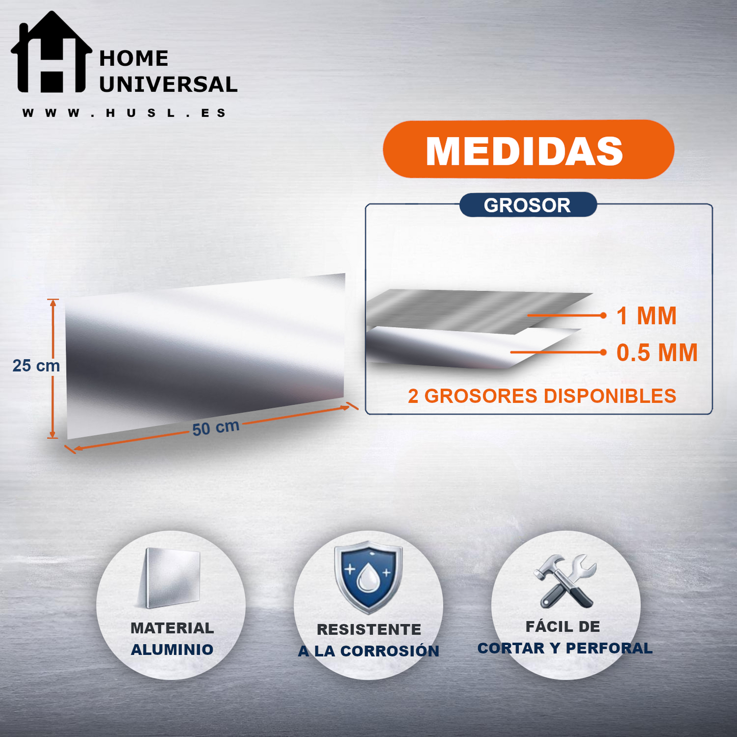 ome Universal® Chapa de Aluminio Estriada, Lisa, Malla y Perforada (Cuadrada, Ovalada, Redonda), Rugosa – Lámina Metálica Resistente Anticorrosión para Bricolaje e Industria (Superficie (Liso)) - Brillante (25X50CM - 0.5MM)