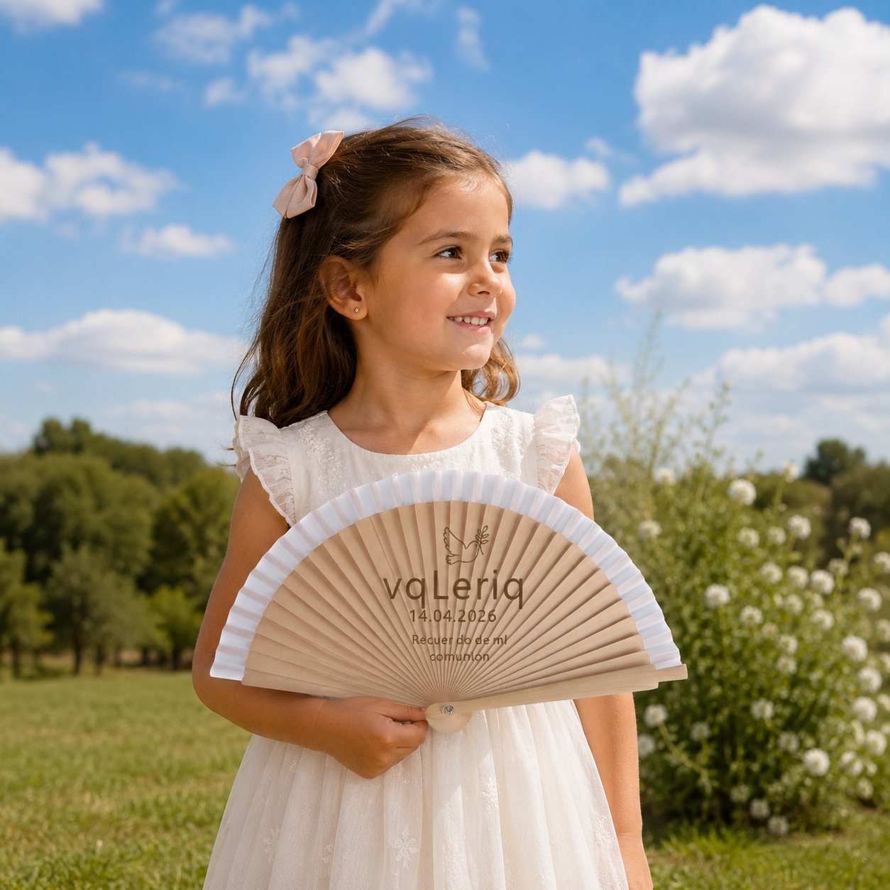 Home Universal® Abanico Personalizado de Madera, 1 Unidad – Detalle Elegante para Boda, Bautizo o Comunión, con Nombre y Fecha, Recuerdo Original para Invitados, 19 y 23 cm(Blanco)