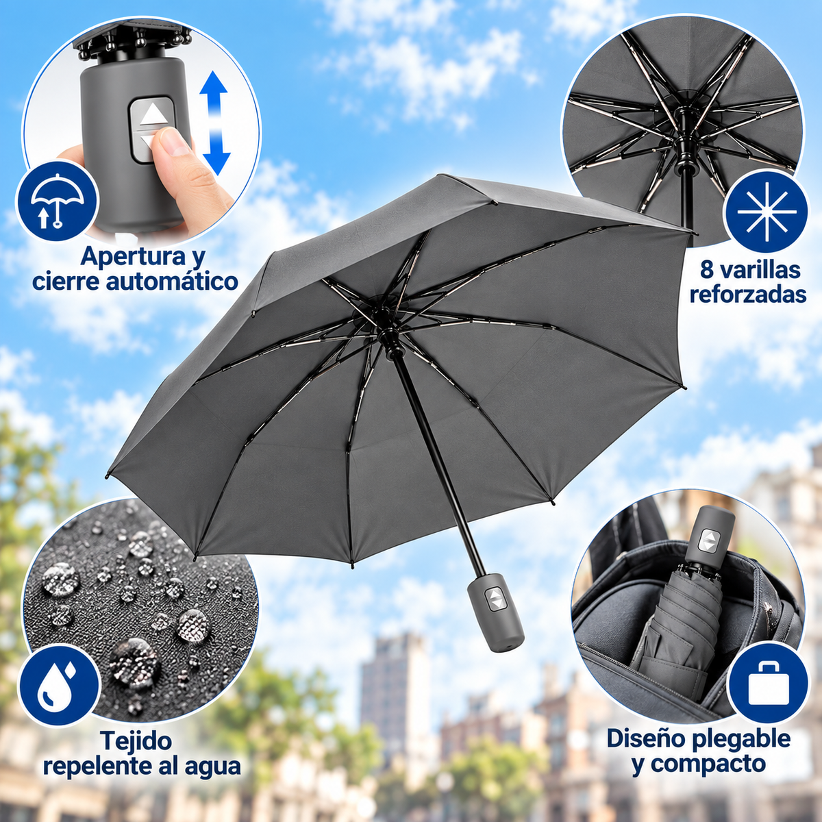 Home Universal® Paraguas Automático Plegable Grande, Compacto y Resistente, para Lluvia y Sol (Automático Apertura y Cierre (Gris))