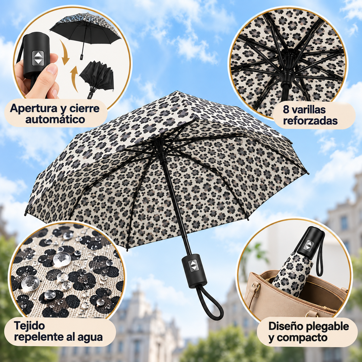Home Universal® Paraguas Automático Plegable Grande, Compacto y Resistente, para Lluvia y Sol (Automático Apertura y Cierre (Leopardo Gris))