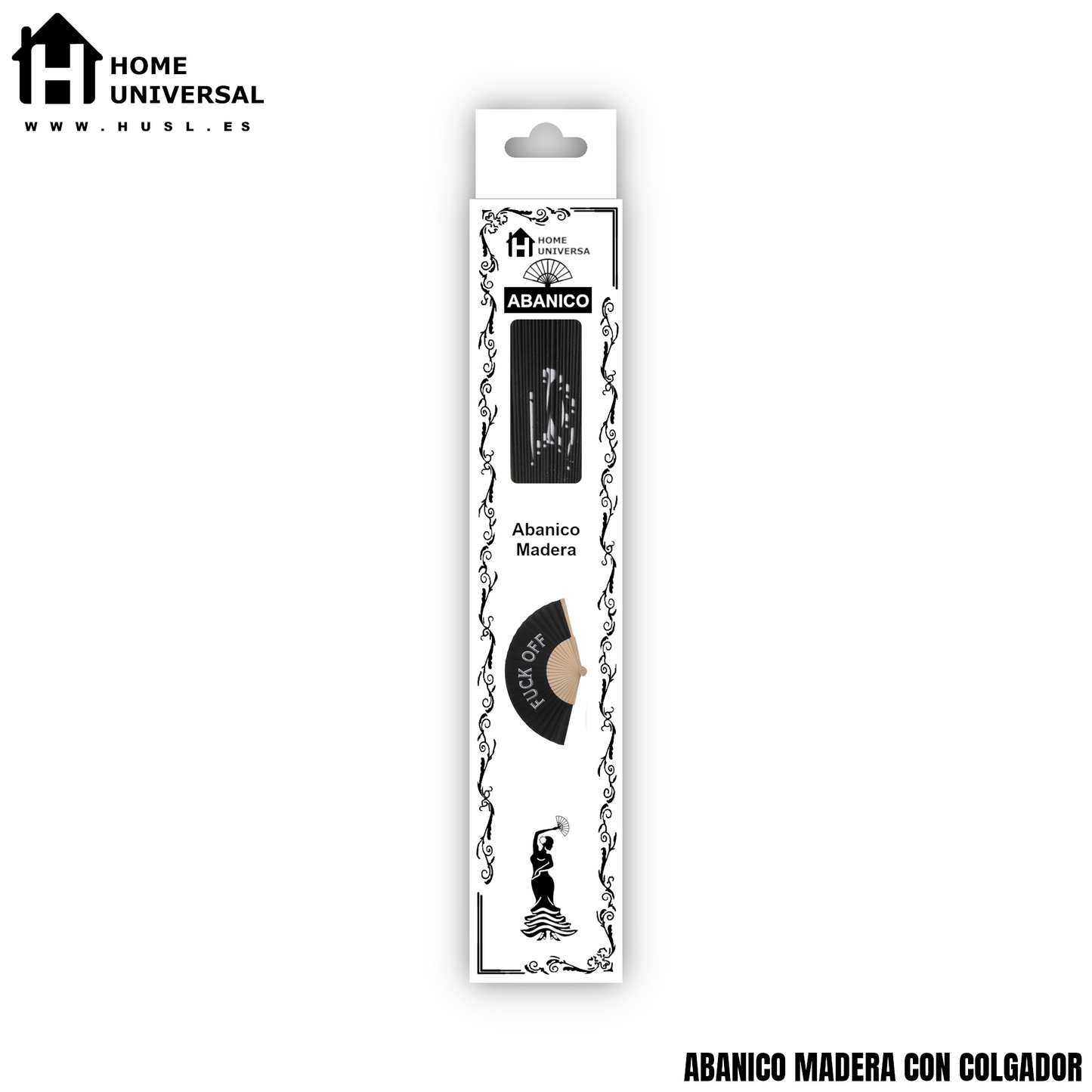 Home Universal® Abanico 23 cm con Cuerda para Cuello – Abanico Plegable de Madera Ligero y Portátil – Accesorio de Verano para Playa, Festivales, Bodas y Eventos – Diseño Divertido, Ideal para Viajes y Calor (FUC* OFF (Negro))