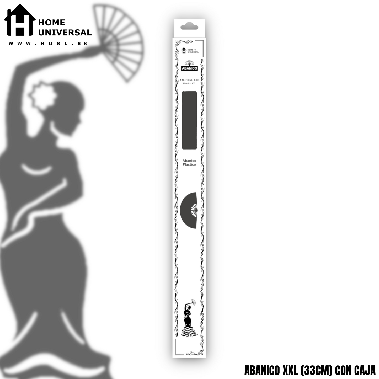 Home Universal® Abanico XXL 33 cm Grande de Plástico con Caja – Plegable, Ligero y Resistente – Efecto Fluorescente Brillante – Ideal para Verano, Fiesta, Discoteca, Pride y Eventos - Negro (Purpurina)