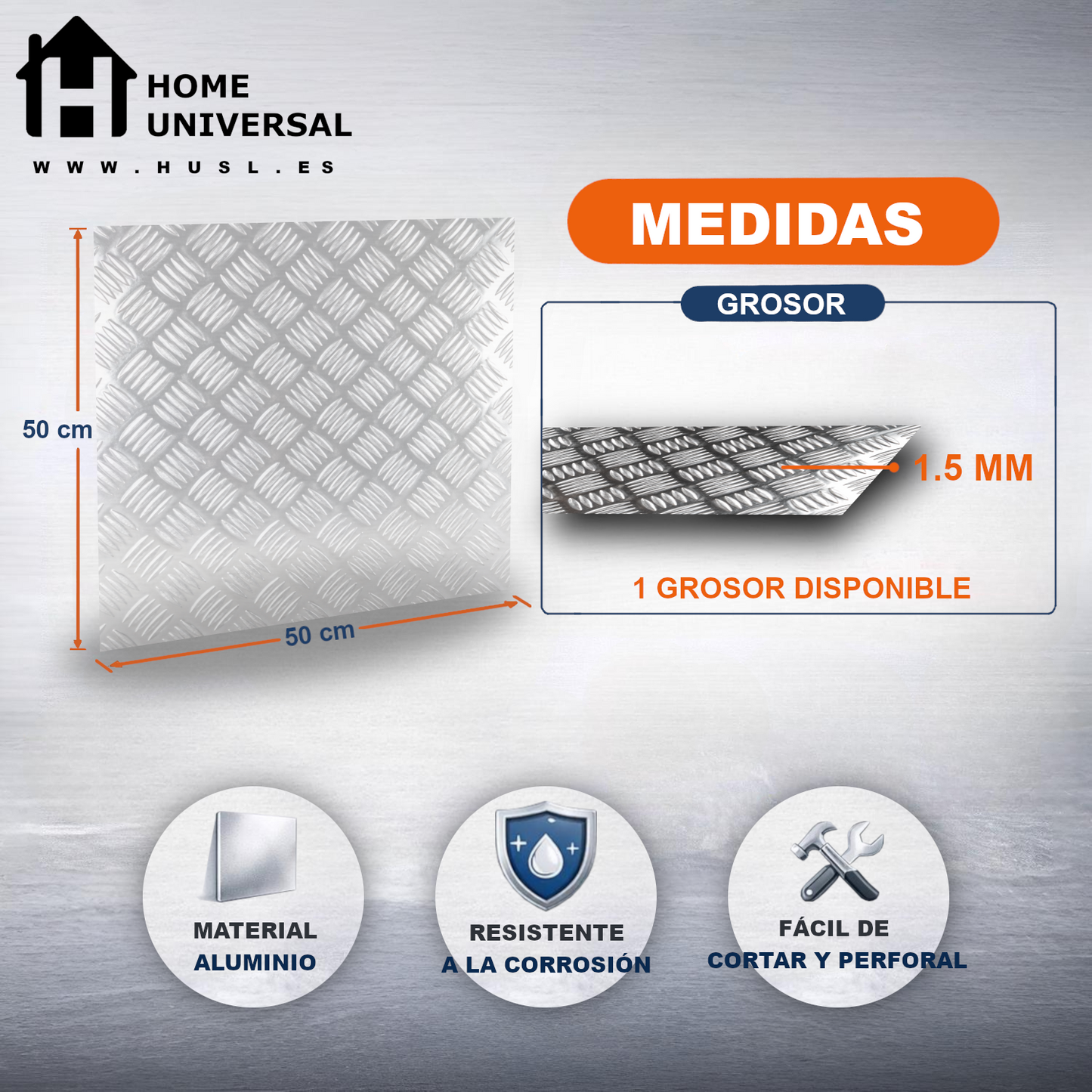 ome Universal® Chapa de Aluminio Estriada, Lisa, Malla y Perforada (Cuadrada, Ovalada, Redonda), Rugosa – Lámina Metálica Resistente Anticorrosión para Bricolaje e Industria Superficie (Estriada) - Estriada (50X50CM - 1.5MM)