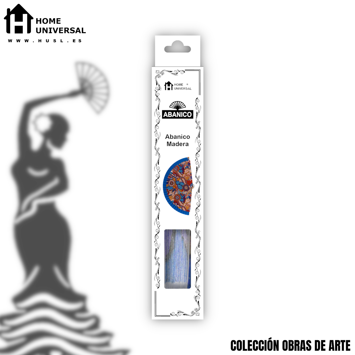 Home Universal®  Abanico 23CM DE Madera Lisa con Tela de Marfil, Abanico de Madera Adornado, Abanico Original - Estampado Floral con Tela Azul
