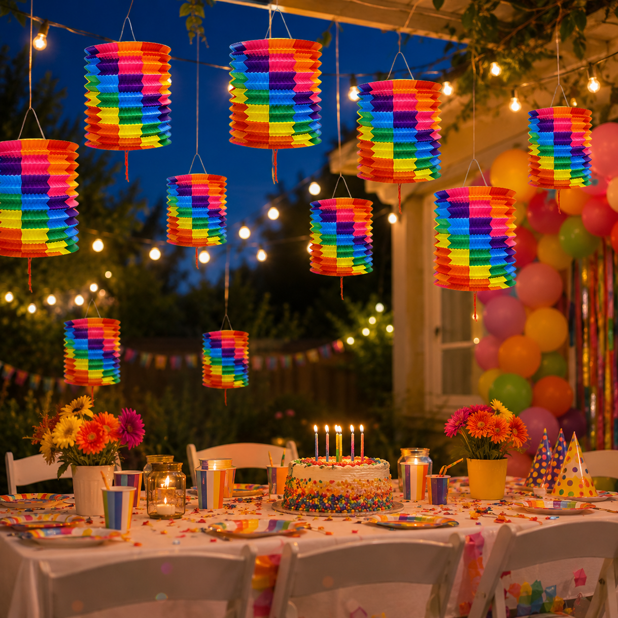 Home Universal® 12 Farolillos Japoneses de Papel, Decoración Colgante Multicolor para Cumpleaños, Bodas, Jardín y Celebraciones (Farolillo Cilíndrico Arcoíris)