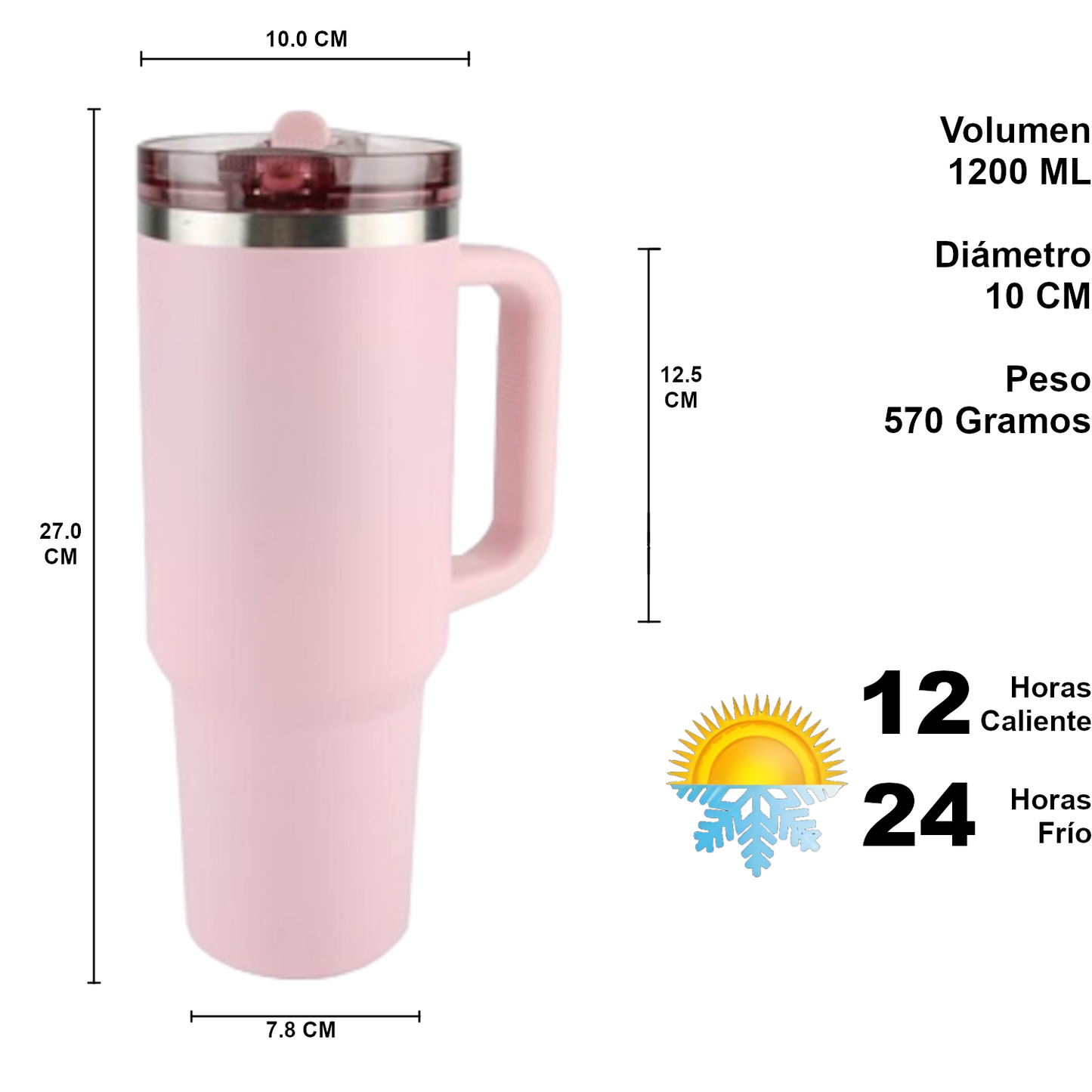 Home Universal ® Botella térmico 1200 ml con Pajita | A prueba de fugas | Acero Inoxidable sin BPA | Mantiene Frío 24h y Calor 12h | Termo Reutilizable Fácil de Llevar (Rosa)