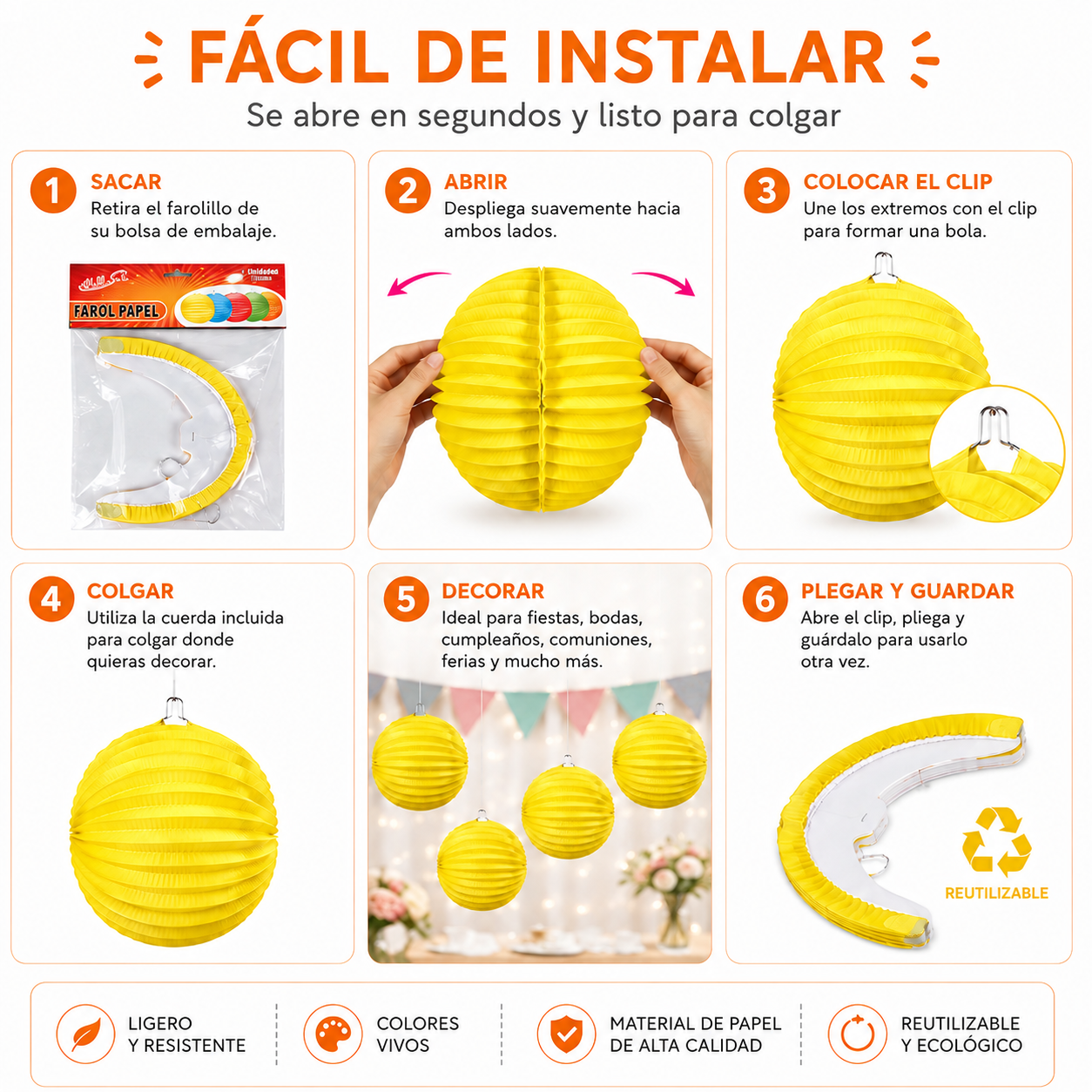 Home Universal® 12 Farolillos Japoneses de Papel, Decoración Colgante Multicolor para Cumpleaños, Bodas, Jardín y Celebraciones (Farolillo Redondo Amarillo)