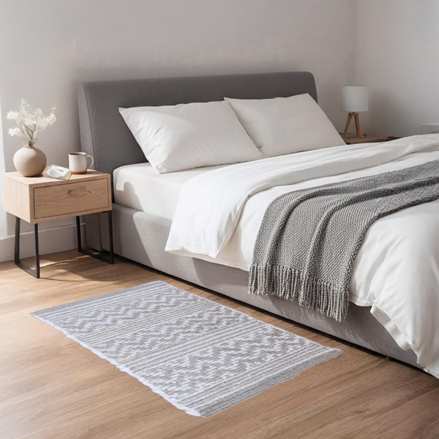 Home Universal® Alfombra Jarapa de Algodón Lavable | Diseño Geométrico Artesanal | Decoración Boho Mediterránea para Salón, Dormitorio, Pasillo y Cocina | Suave, Ligera y Resistente | Gris (Rayas y Zigzag)