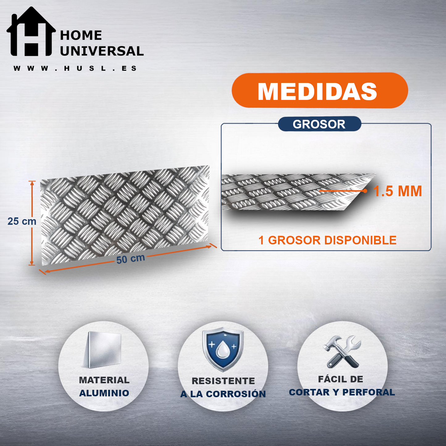 ome Universal® Chapa de Aluminio Estriada, Lisa, Malla y Perforada (Cuadrada, Ovalada, Redonda), Rugosa – Lámina Metálica Resistente Anticorrosión para Bricolaje e Industria Superficie (Estriada) - Estriada (25X50CM - 1.5MM)