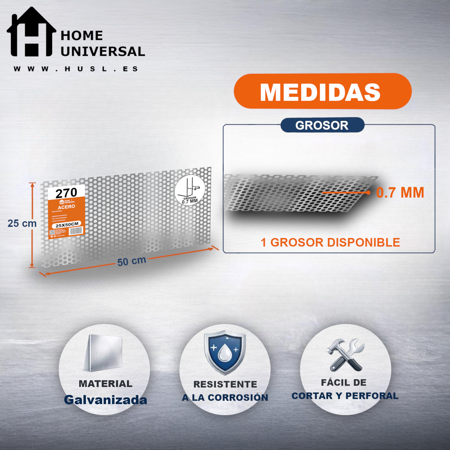 Home Universal® Chapa Galvanizada Lisa y Perforada, Lámina Metálica Resistente Anticorrosión para BricolajeSuperficie (Superficie Perforada Redondo-5MM (25X50CM - 0.7MM))