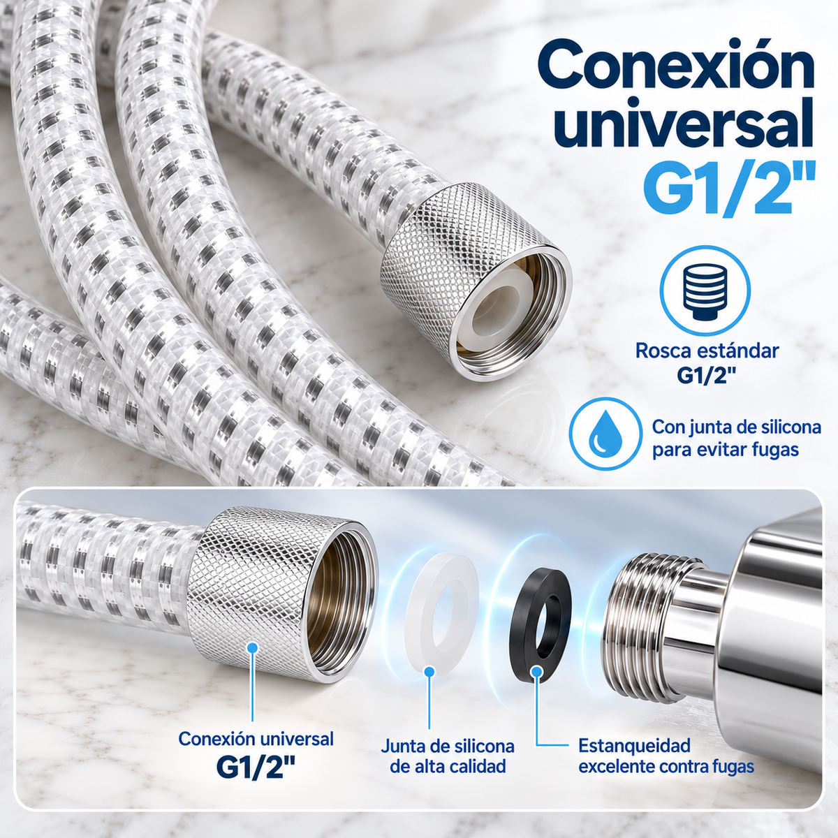 Home Universal® Manguera de Ducha Universal G1/2 – Flexible, Antienredos y Fácil de Instalar, Compatible con la Mayoría de Duchas (Blanco Plata (1.75m))