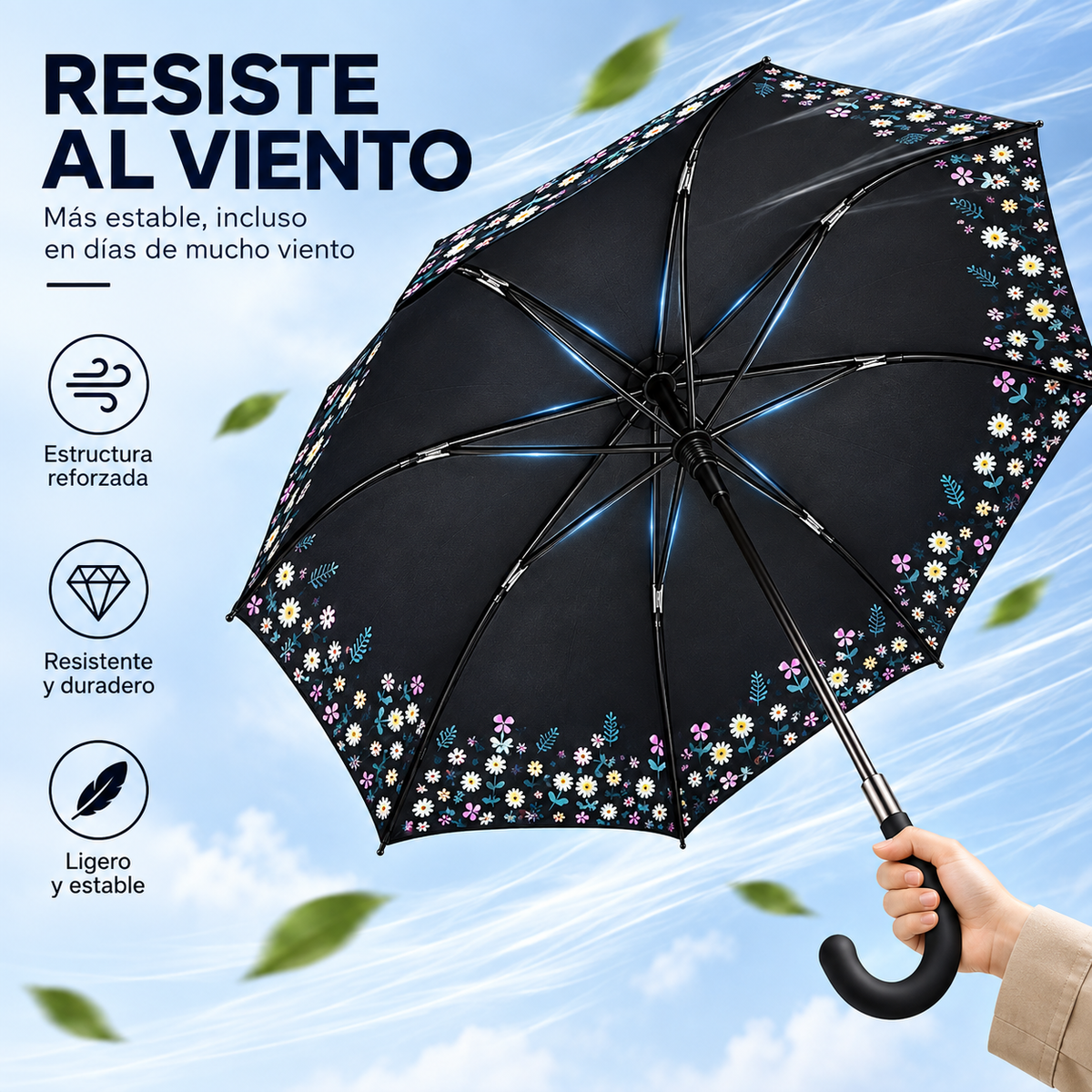 Home Universal® Paraguas Grande Semiautomático, Paraguas Largo Resistente al Viento con Mango Curvo para Mujer y Hombre (Noche Floral)