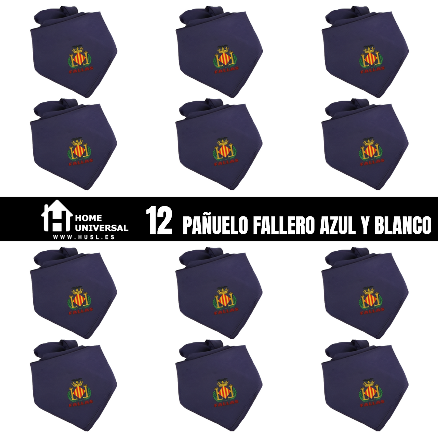 Home Universal® Pañuelo Fallero de Valencia con Escudo, Azul y Blanco 57x57cm, Azul 55x55cm  – Pañuelo Tradicional para Fallas y Fiestas Valencianas (Azul)