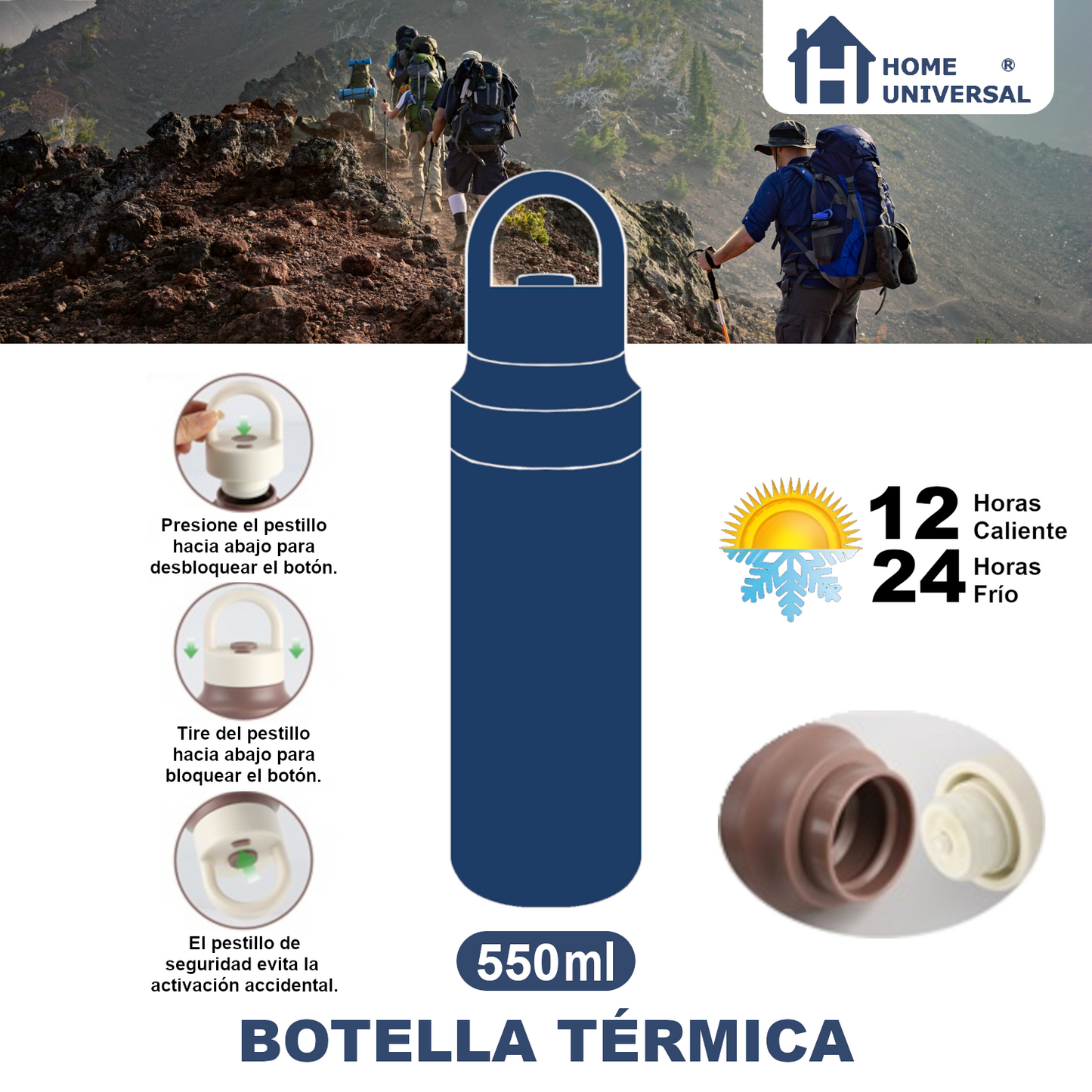 Home Universal® Botella Térmica 550ML de Apertura Rápida – Termo de Acero Inoxidable Antifugas para Café, Té y Bebidas Frías 24H/Calientes 12H (Beige)