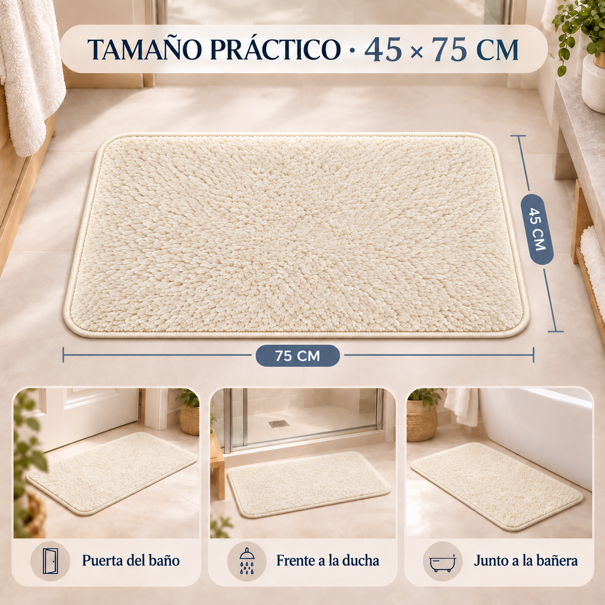 Home Universal® 2 Alfombras de Baño Absorbentes y Antideslizantes, Alfombrillas Suaves con Base de Goma, Lavables a Máquina, para Ducha, Bañera y Lavabo (Crema, 45 x 75 cm (Rectangular))