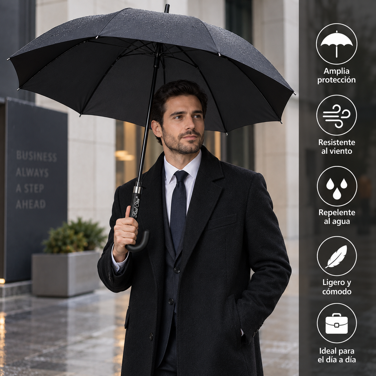 Home Universal® Paraguas Grande Semiautomático, Paraguas Largo Resistente al Viento con Mango Curvo para Mujer y Hombre (Negro (Liso))