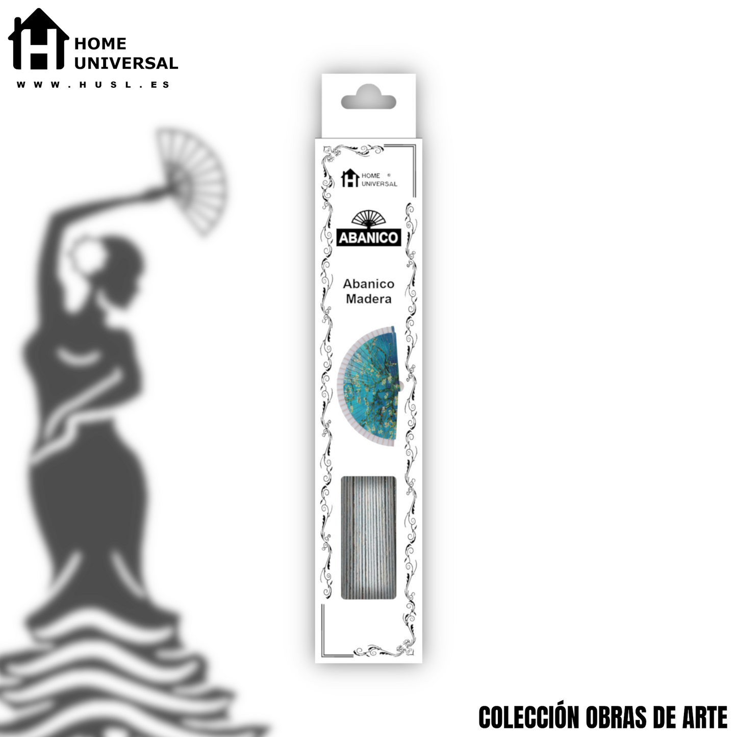 Home Universal®  Abanico 23CM DE Madera Lisa con Tela de Marfil, Abanico de Madera Adornado, Abanico Original - Almendro en flor de Vincent Van Gogh