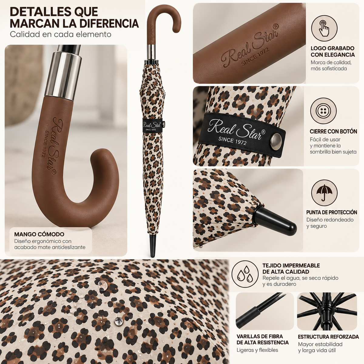 Home Universal® Paraguas Grande Semiautomático, Paraguas Largo Resistente al Viento con Mango Curvo para Mujer y Hombre (Leopardo Beige)