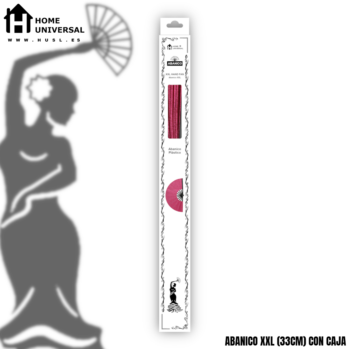 Home Universal® Abanico XXL 33 cm Grande de Plástico con Caja – Plegable, Ligero y Resistente – Efecto Fluorescente Brillante – Ideal para Verano, Fiesta, Discoteca, Pride y Eventos - Rosa (Purpurina)