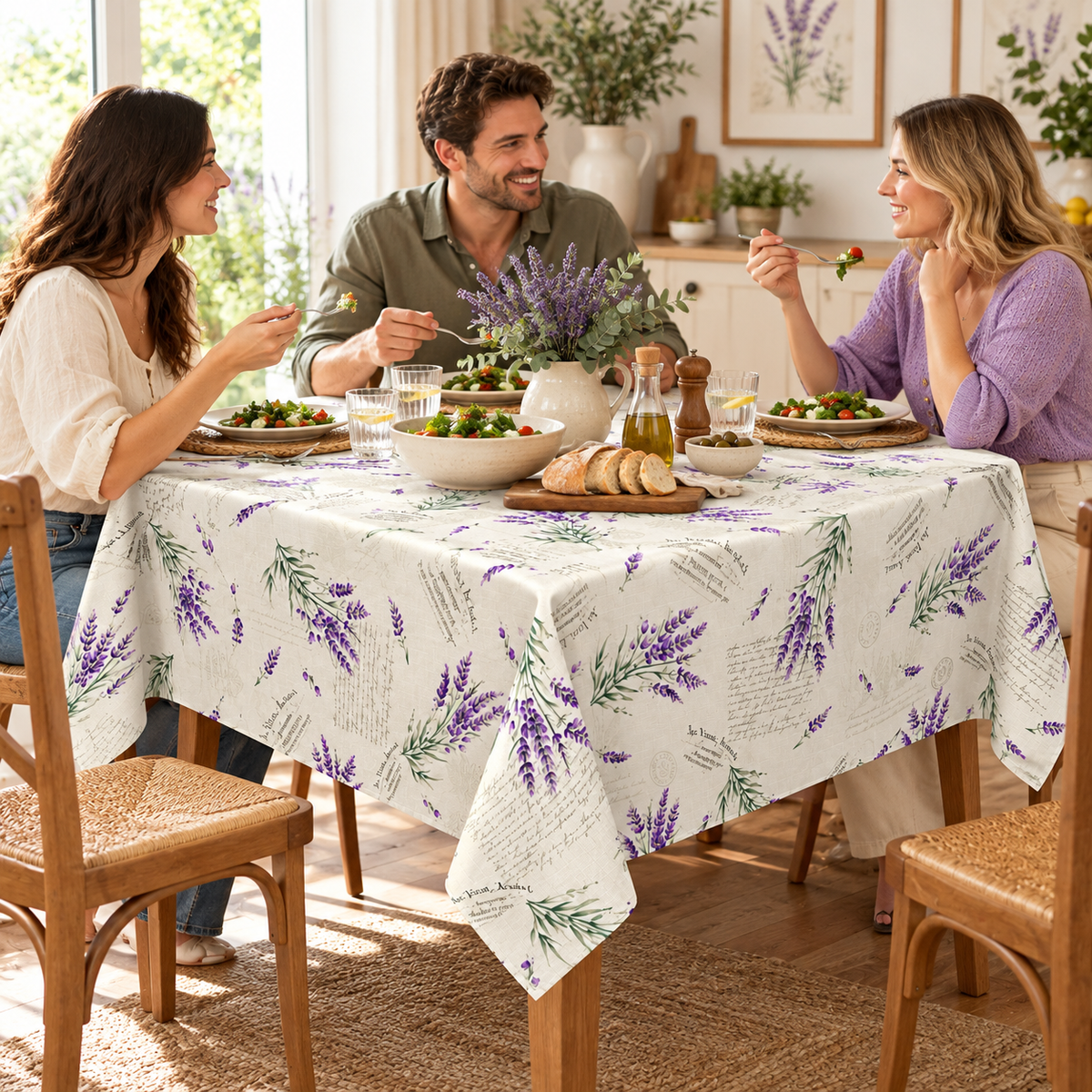 Home Universal® Mantel de Mesa Impermeable y Antimanchas, Tejido de Loneta con Efecto Lino , Liso o Estampado, para Cocina y Comedor (Lavanda)