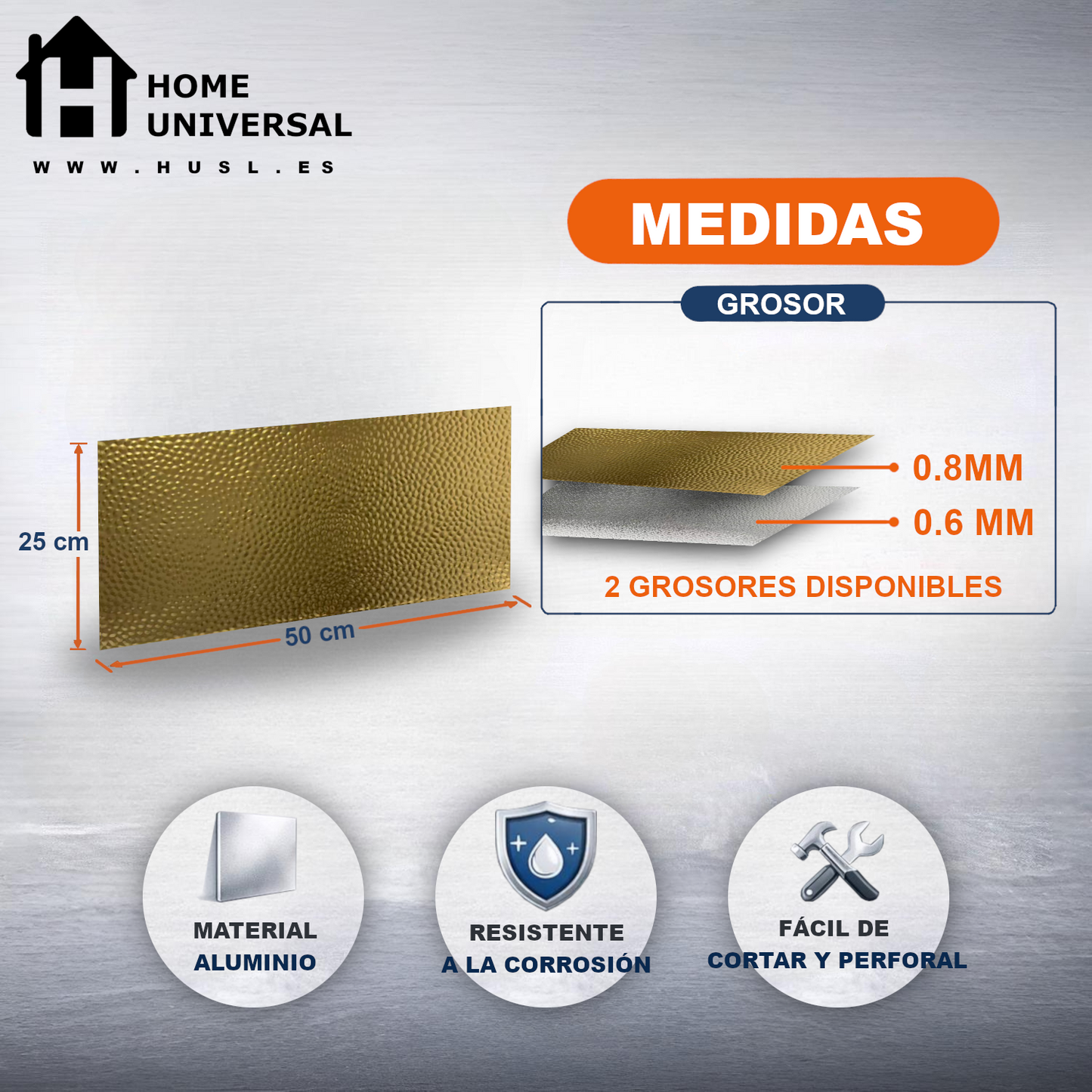 ome Universal® Chapa de Aluminio Estriada, Lisa, Malla y Perforada (Cuadrada, Ovalada, Redonda), Rugosa – Lámina Metálica Resistente Anticorrosión para Bricolaje e Industria Superficie (Rugosidad) - Dorado (25X50CM - 0.8MM)