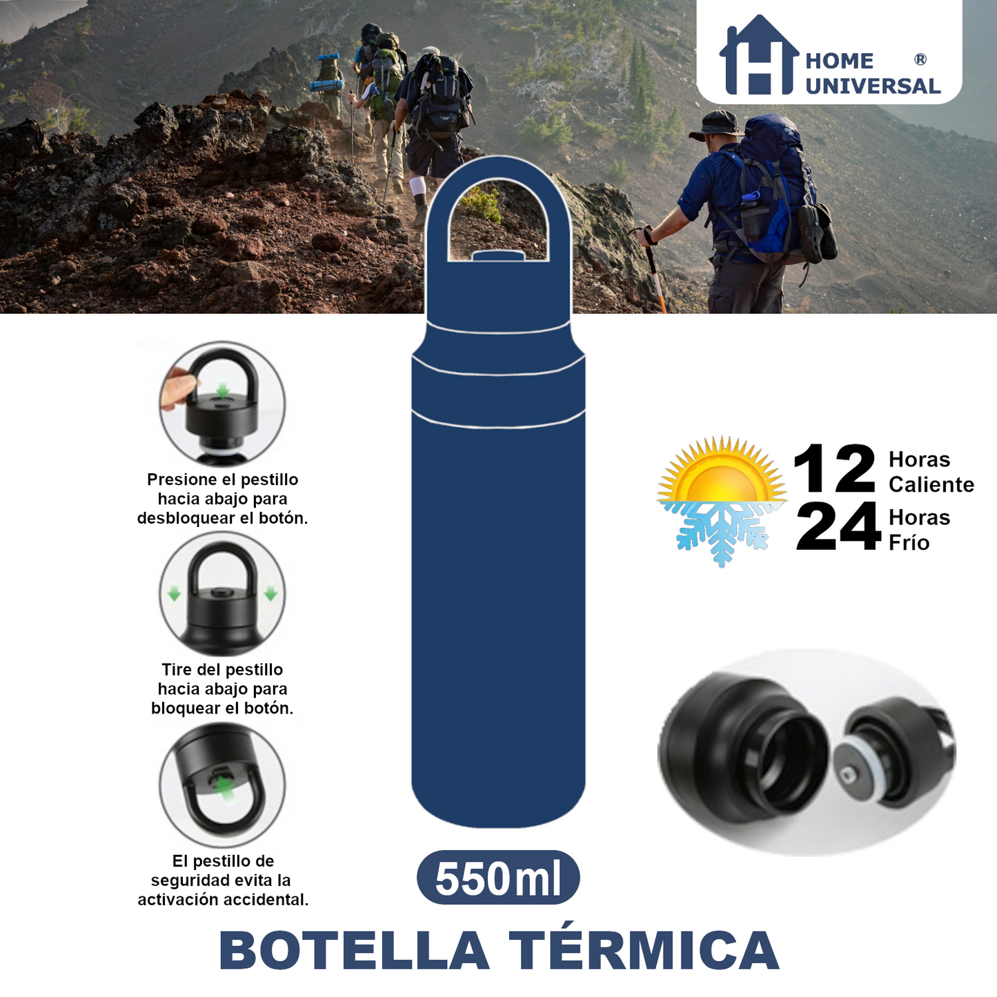 Home Universal® Botella Térmica 550ML de Apertura Rápida – Termo de Acero Inoxidable Antifugas para Café, Té y Bebidas Frías 24H/Calientes 12H (Gris Negro)