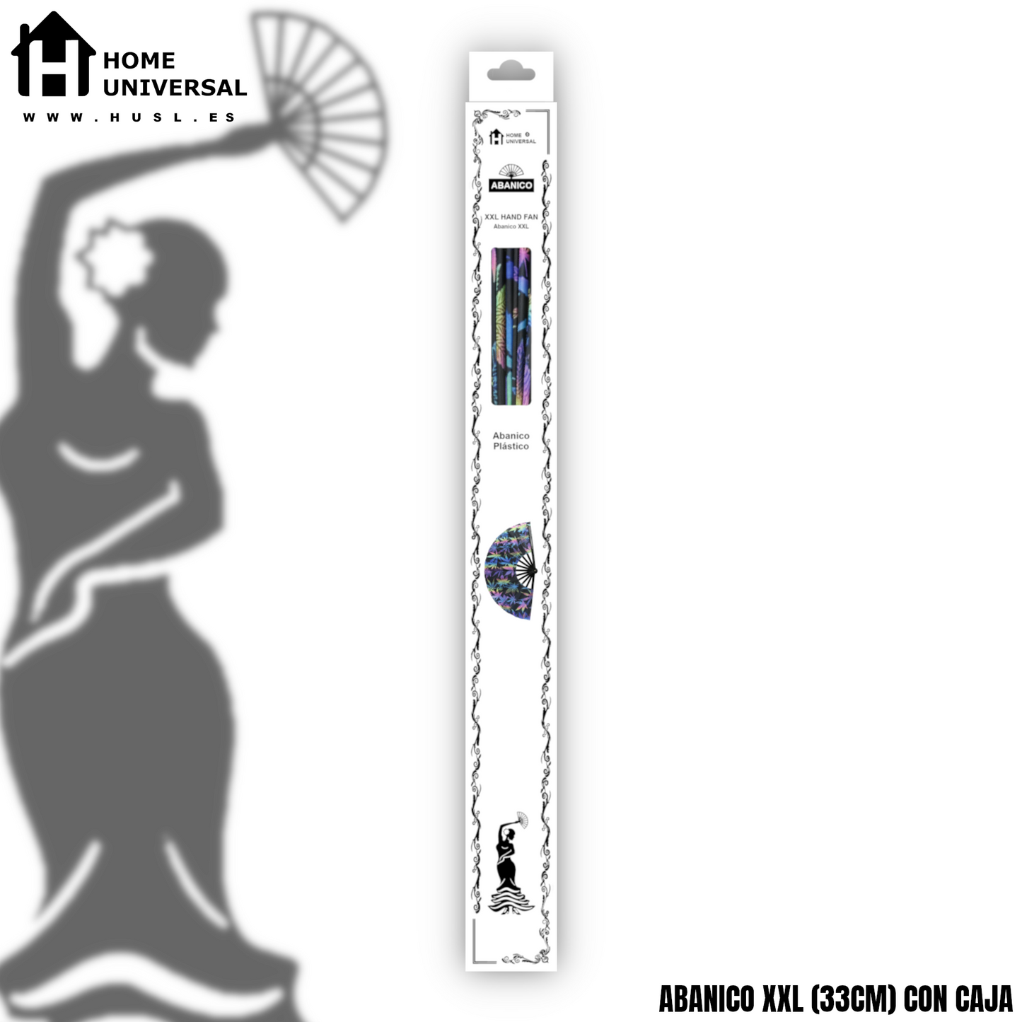 Home Universal® Abanico XXL 33 cm Grande de Plástico con Caja – Plegable, Ligero y Resistente – Efecto Fluorescente Brillante – Ideal para Verano, Fiesta, Discoteca, Pride y Eventos (Hierbas - Multicolor)