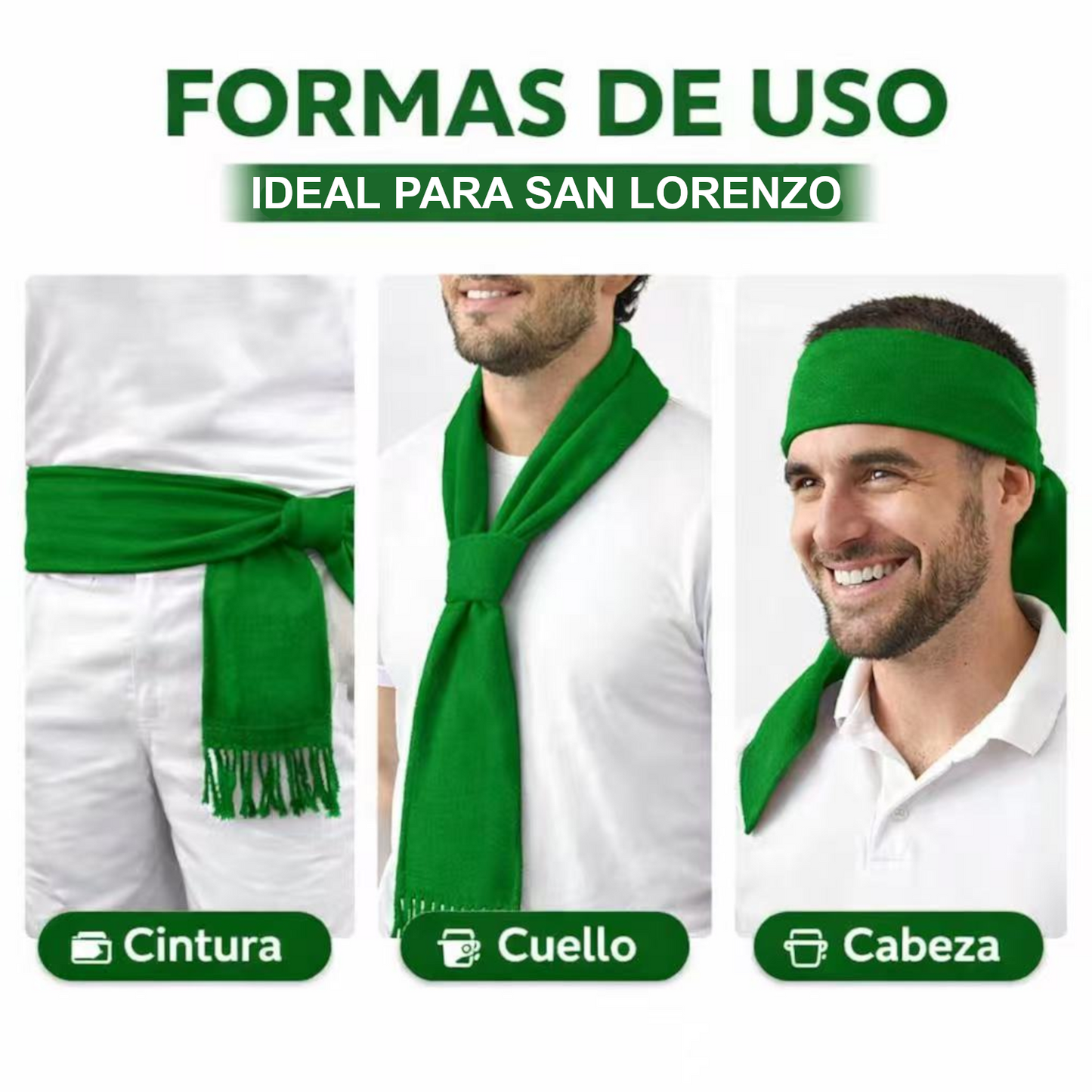 Home Universal® Pañuelo y Faja para Fiestas de San Lorenzo en Huesca – Conjunto Tradicional Blanco y Verde, Accesorios Típicos Aragoneses para Peñas y Celebraciones (Pañoletas Verdes - Liso))