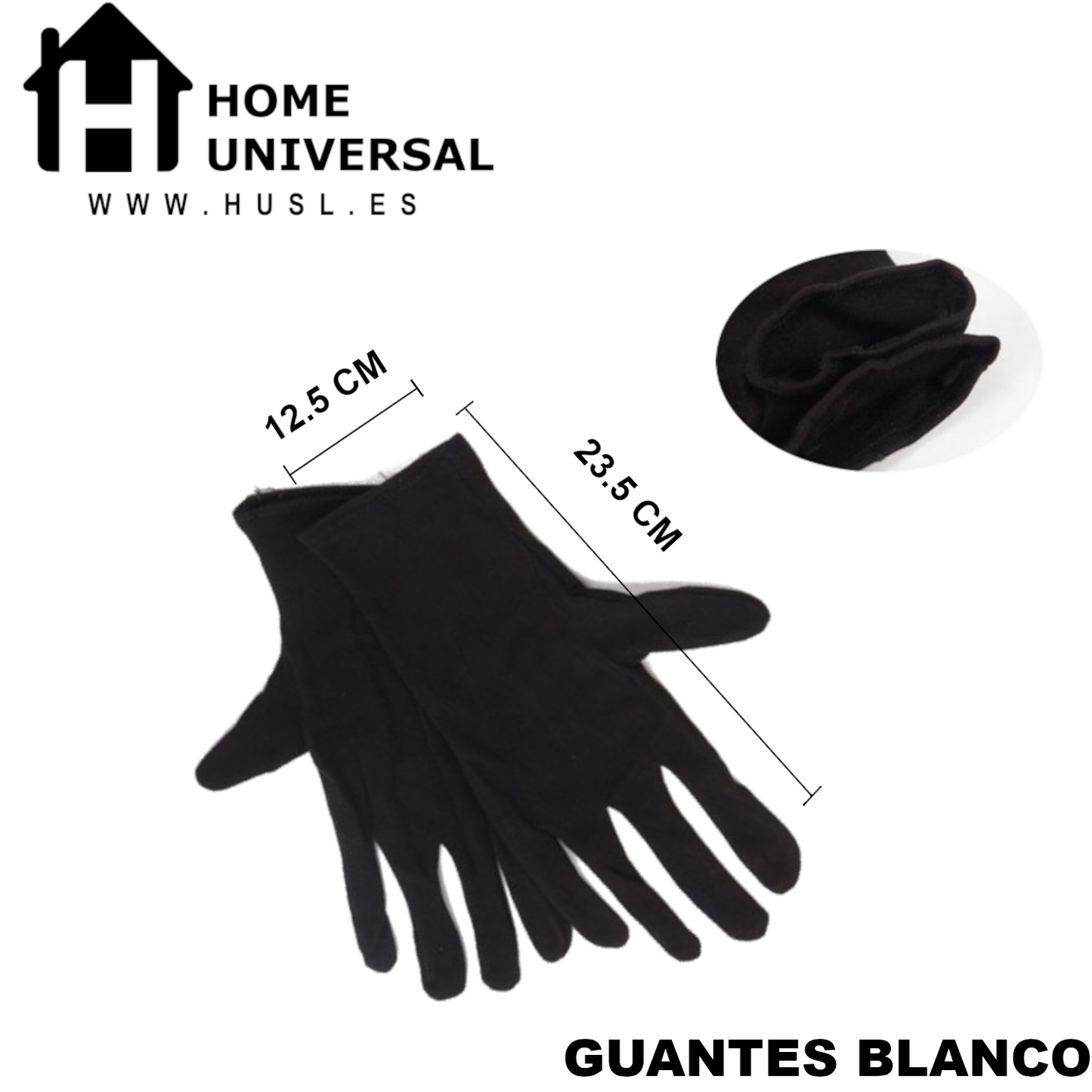 Home Universal®  Guantes de Algodón 100% Blancos y Negros – Guantes Suaves y Transpirables para Hogar, Archivo, Joyería y Manipulación Delicada (Negro)