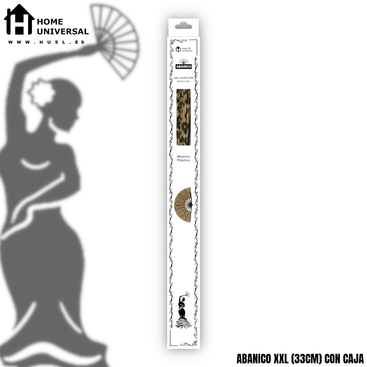Home Universal® Abanico XXL 33 cm Grande de Plástico con Caja – Plegable, Ligero y Resistente – Efecto Fluorescente Brillante – Ideal para Verano, Fiesta, Discoteca, Pride y Eventos (Leopardo - Natural)